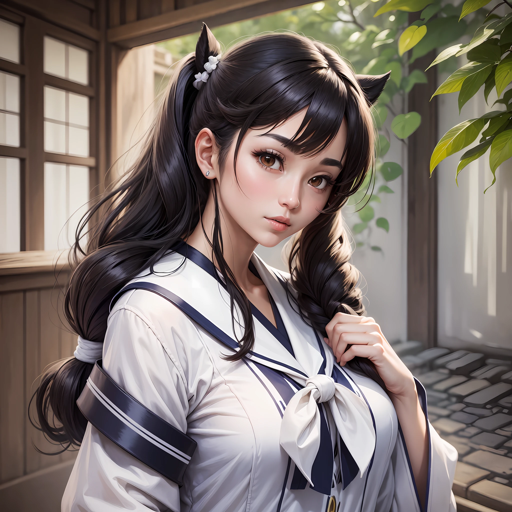 1 woman, pony tail hair, white skin, in Japanese sailor uniform, realistic, proportional body, hd, masterpiece --auto --s2