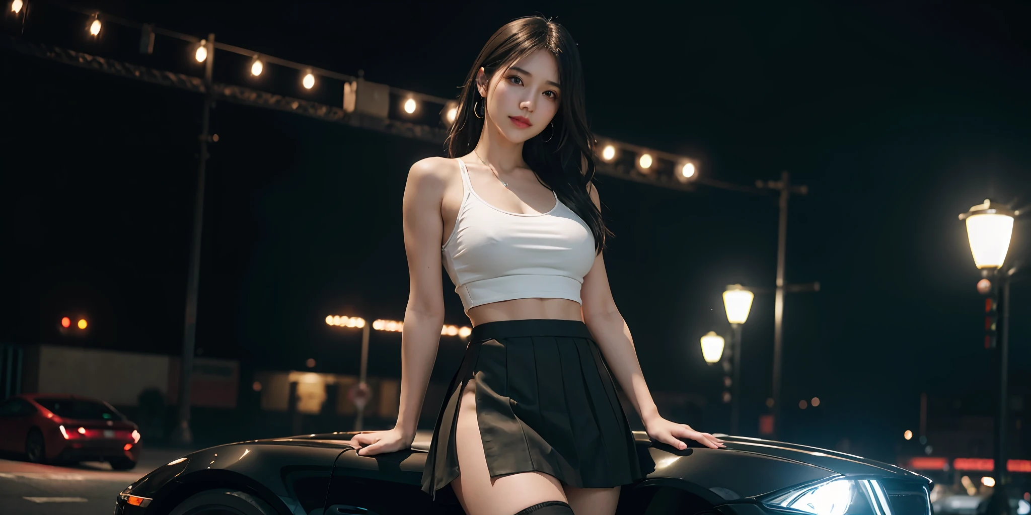pureerosface_v1 ulzzang-6500 corneo_covering_breasts_one_arm, ass, (8k, best quality, masterpiece:1.2), (realistic, photo-realistic:1.37), ultra-detailed,
1 girl,cute, solo, (tifa lockhart), (big breasts),(beautiful detailed eyes), (smile:1.2), (closed mouth), arms behind back,
neon lights, cityscape, depth of field, dark intense shadows, sharp focus, cars, motion blur, motor bikes, depth of field, good composition, green glowing light,
Final Fantasy VII, dating,(nose blush), single elbow pad, black hair, red shoes, muscular,abs,taut shirt,no bra,black skirt, thighhighs, full body, head rest, lips, pretty face, low-tied long hair, ((red_eyes)), yellow flowers, (night:1.3), intricate, bokeh, cinematic lighting, photon mapping, radiosity, physically-based rendering, (Tetsuya Nomura style)