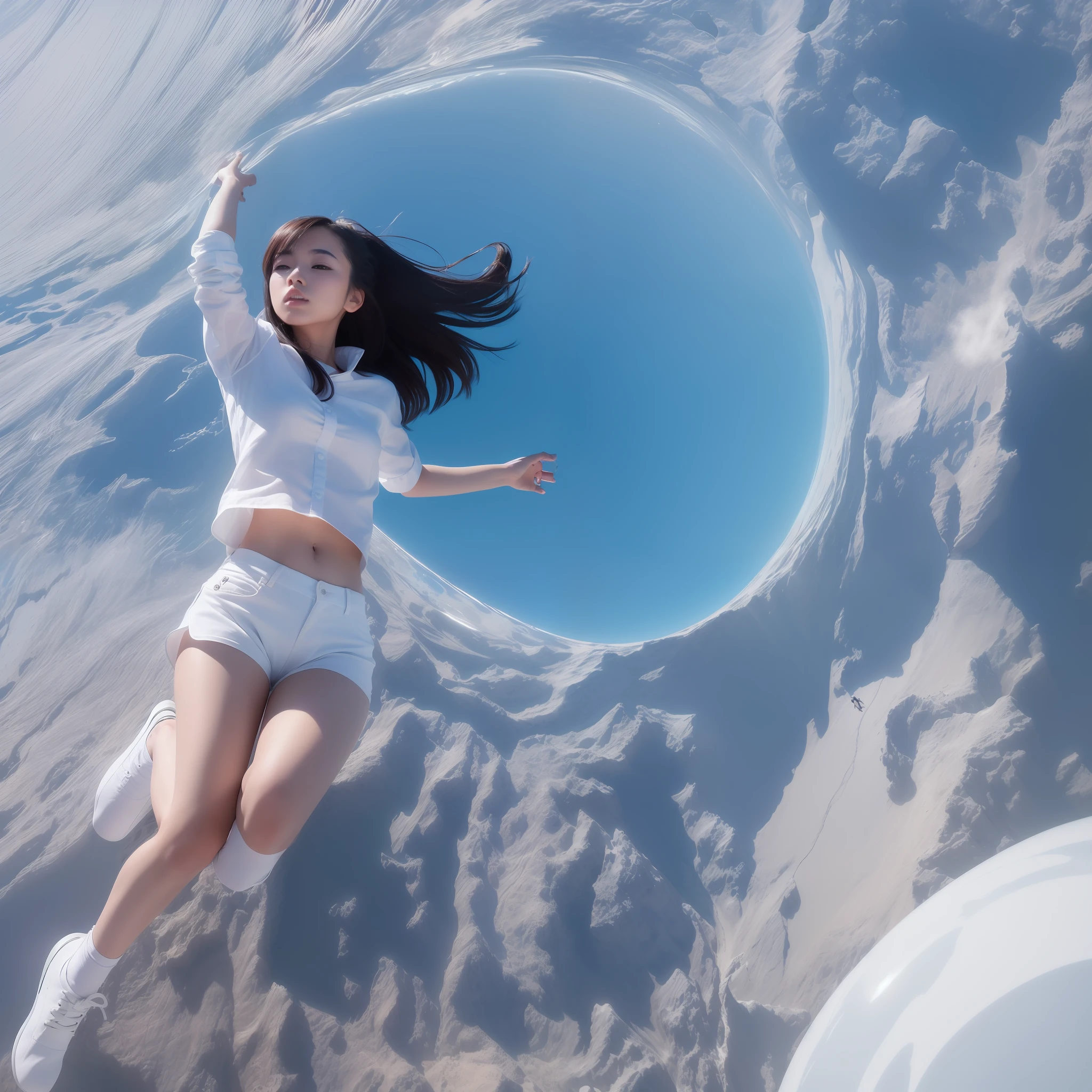 (8k, RAW photos, top quality, masterpieces: 1.2), (realistic, photorealistic: 1.37), (1 Asian girl, in the air), full body, deep depth, space background, mysterious planet, (white shirt, white shorts), one planet, (astronaut helmet, reflection)),