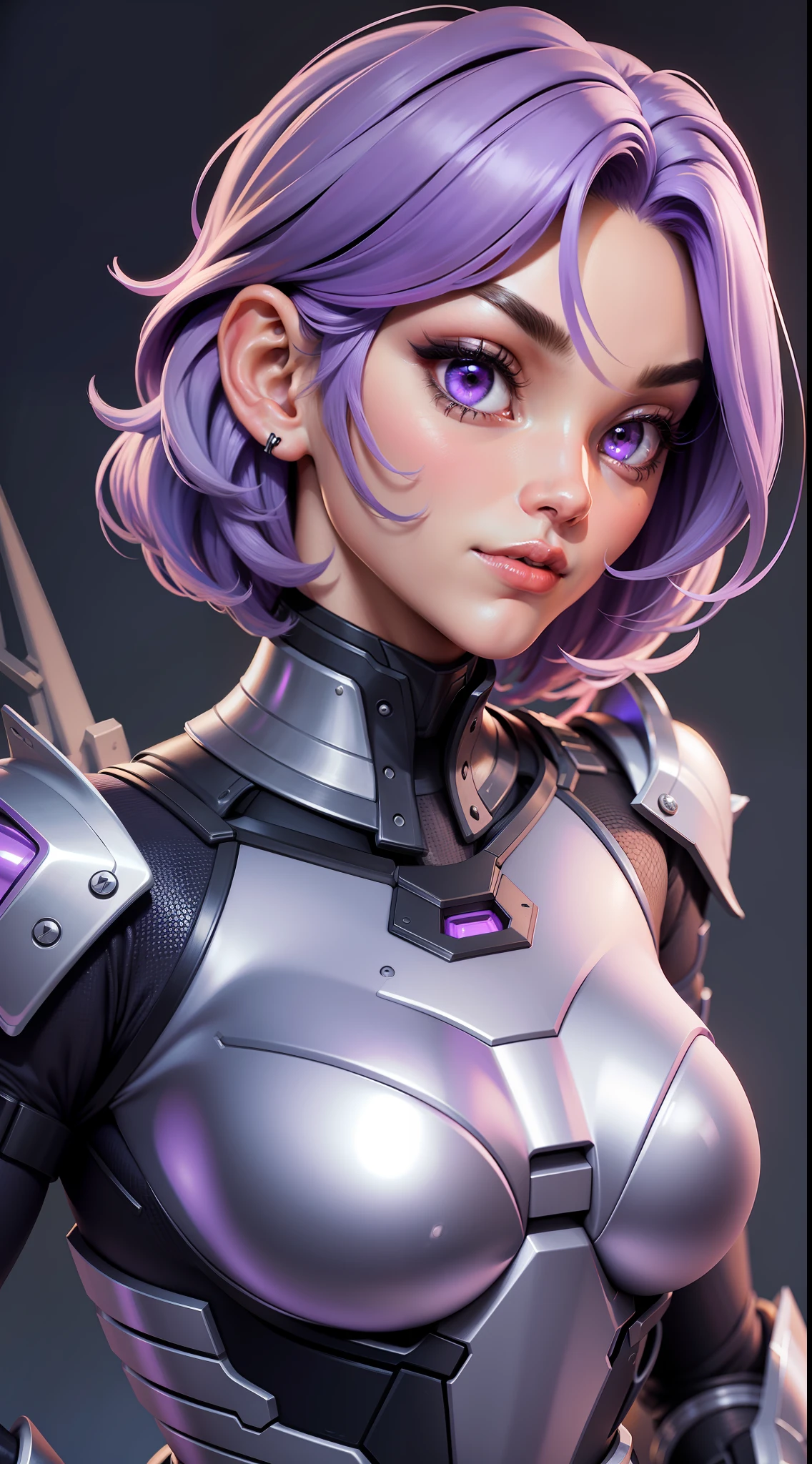 3dmm style,a nude portrait of a giant [seductress|babe] , science fiction, [(crNanosuit|War_Glam)::0.5], [power armor|armor] ,armored, wearing [(crNanosuit|War_Glam)::0.5]_breastplate, perfect face, pretty face, purple eyes, purple hair, very short hair, flat chest, lush detail, absurdres,