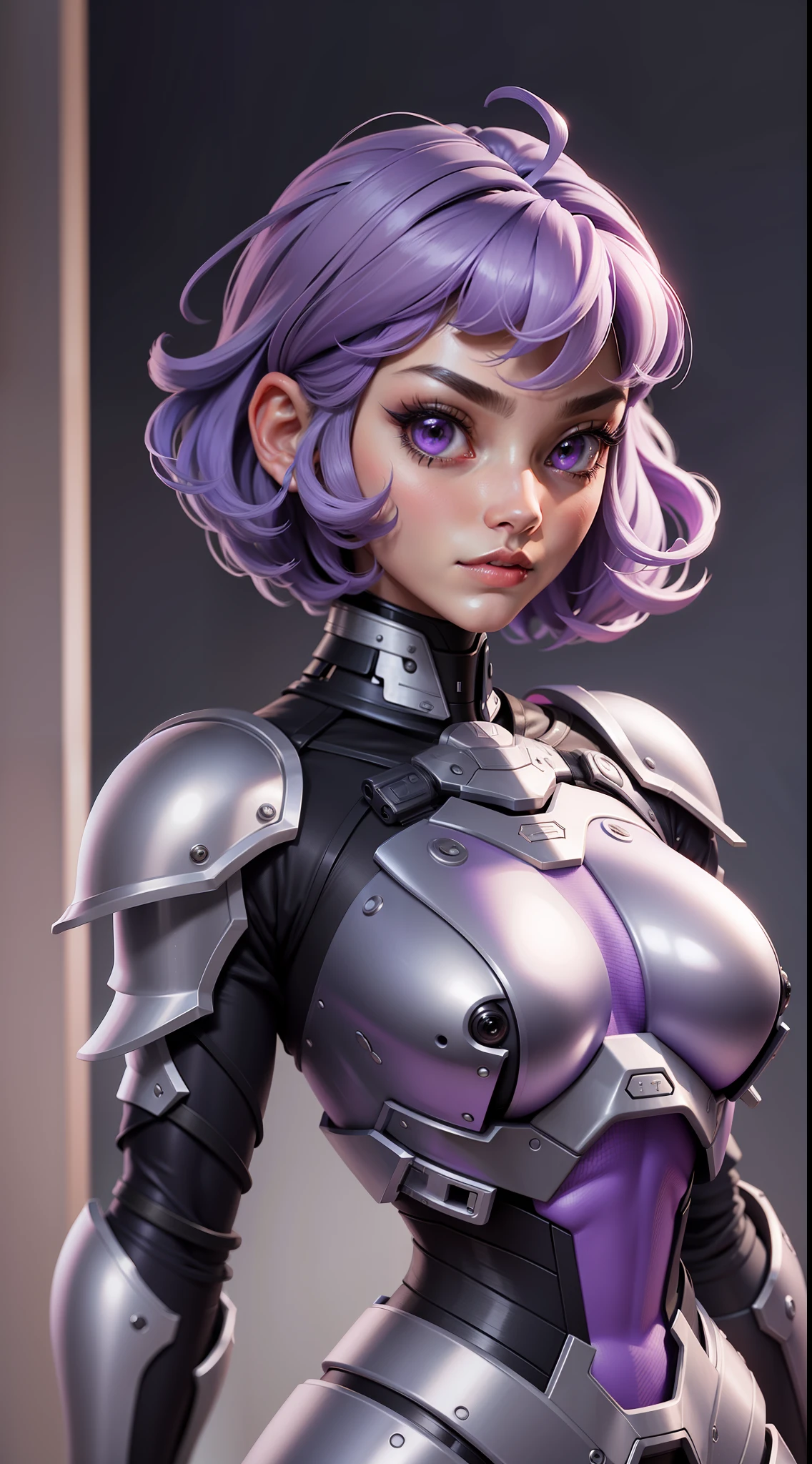 3dmm style,a nude portrait of a giant [seductress|babe] , science fiction, [(crNanosuit|War_Glam)::0.5], [power armor|armor] ,armored, wearing [(crNanosuit|War_Glam)::0.5]_breastplate, perfect face, pretty face, purple eyes, purple hair, very short hair, flat chest, lush detail, absurdres,