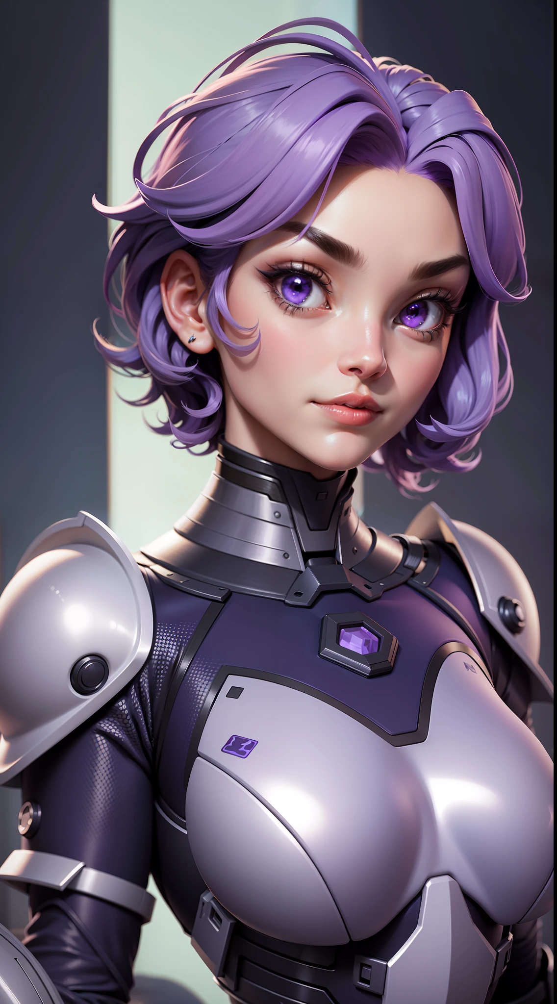 3dmm style,a nude portrait of a giant [seductress|babe] , science fiction, [(crNanosuit|War_Glam)::0.5], [power armor|armor] ,armored, wearing [(crNanosuit|War_Glam)::0.5]_breastplate, perfect face, pretty face, purple eyes, purple hair, very short hair, flat chest, lush detail, absurdres,