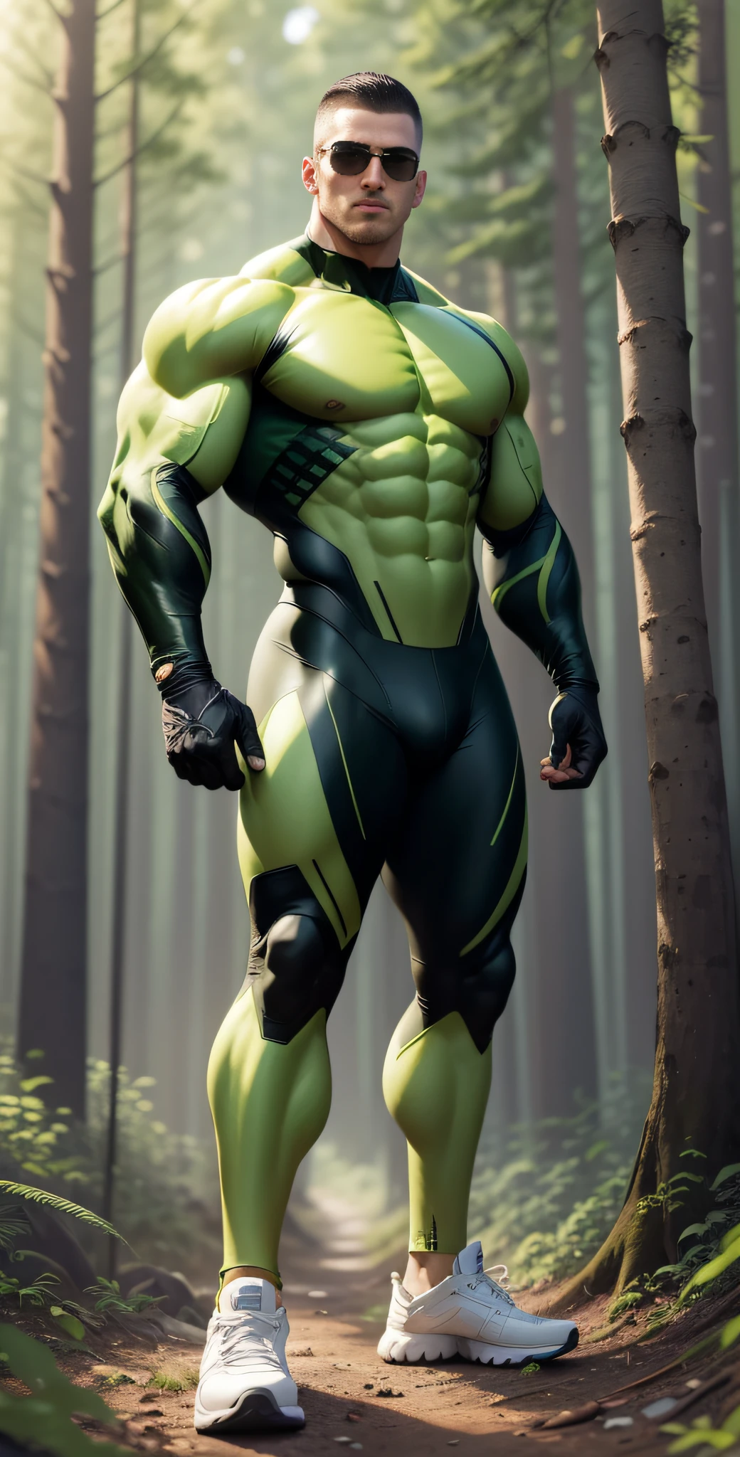 Man in green and black clothes standing in sunny forest, American round head, Buzz Cut, national character face, tall and burly, muscular male hero, heroic male pose, muscular! Wearing sunglasses, skins brand white stealth suit, super buff and cool, high resolution committee, character design police, sneakers, charismatic strong male with armor, sunlight shining through the gaps in the woods