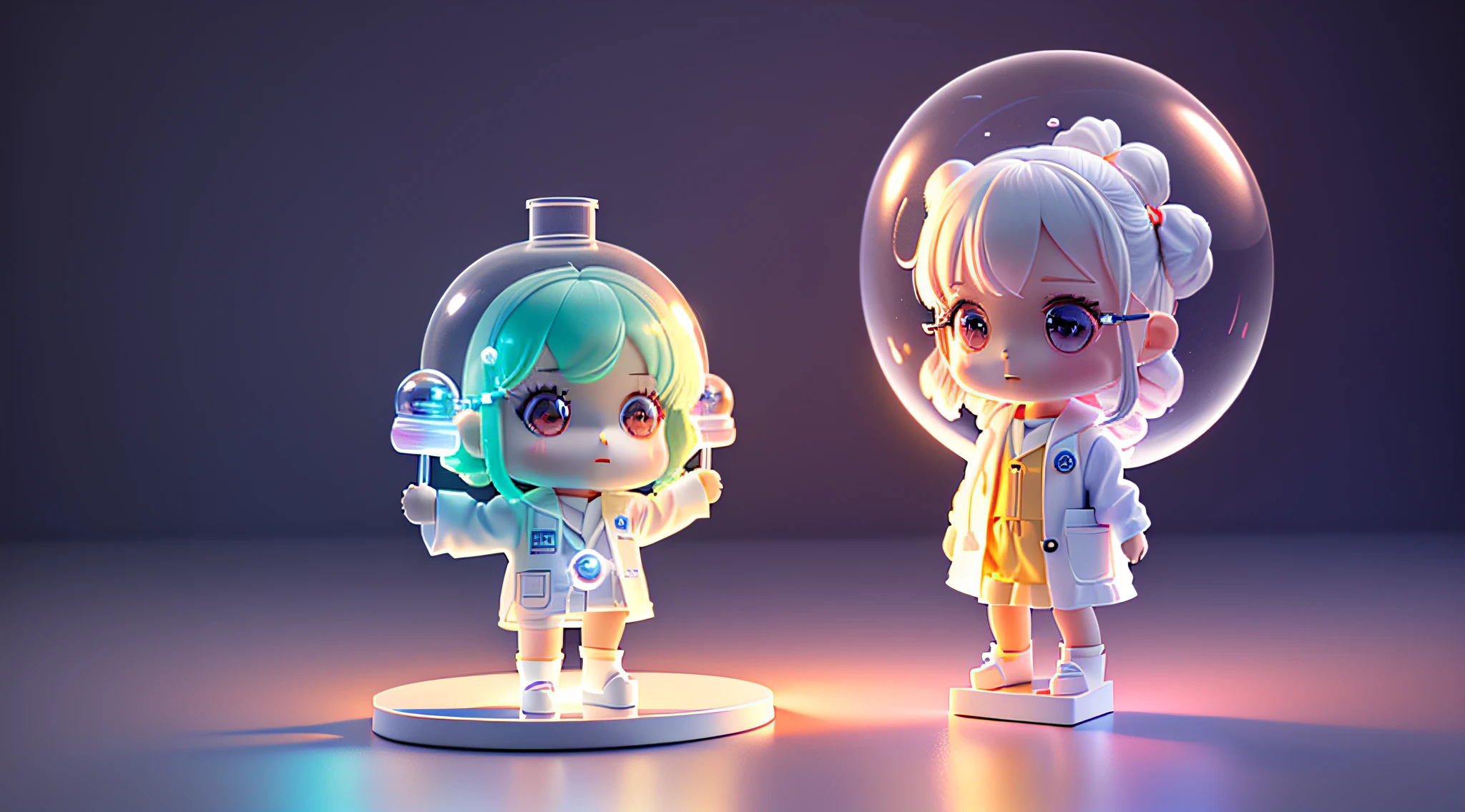 Super cute girl full body 3d drawing, 1 pc, good looking eyes, big eyes, cute, happy, c4d, pop matt blind box, glowing bubble, toy, solid color background, chibi, fluorescent translucency, luminescence, kawaii, doll, ((((scientist, white lab coat))), reference table, pop mart blind box, pixar, complex details, 3d rendering, blender, oc renderer, fol body reference sheet, dribble , High Details, 8K, Studio Lighting, , Petite, Child, Chibi, SD characters: 1.1, Magic Lab background