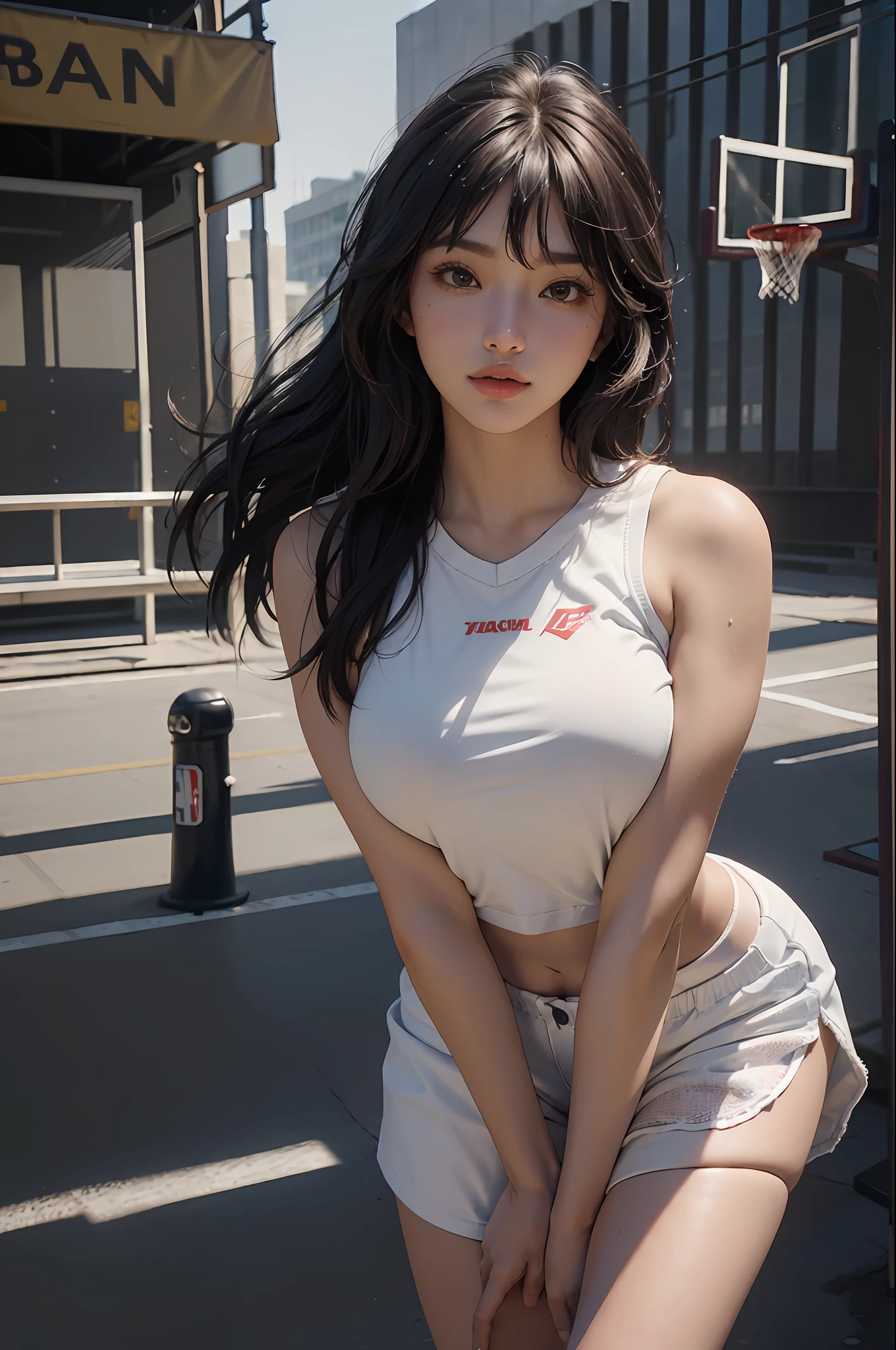 (RAW photo, 4k, masterpiece, high resolution, extremely complex) (realistic: 1.4), cinematic lighting Delicate girl with delicate facial features, oversized breasts
1 Girl, Single Focus, Summer Noon, Hot, Gym 1990s\(style\), white skin, oversized breasts, shorts, sweat, (best quality), (highres), (an extremely delicate and beautiful), (Beautiful 8k face), (brown eyes), (ulzzang-6500:1.0), (solo), ( looking side),(spectators),(large breasts),(NBA),bent over,,lookside,(side), ,(Basketball sportswear),((Play basketball)),((gymnasium)),((speed)),(reality),