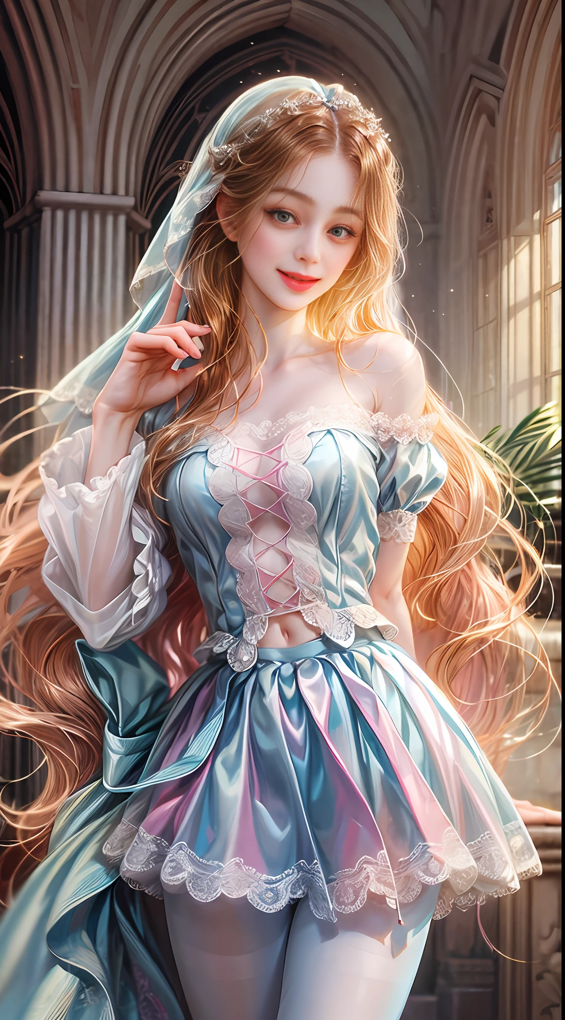 Realistic, 1 girl, light blue long hair, beautiful, no deformity in fingers, delicate facial features, standing, smiling, pink skirt, white pantyhose, hands behind the back, --auto --s2