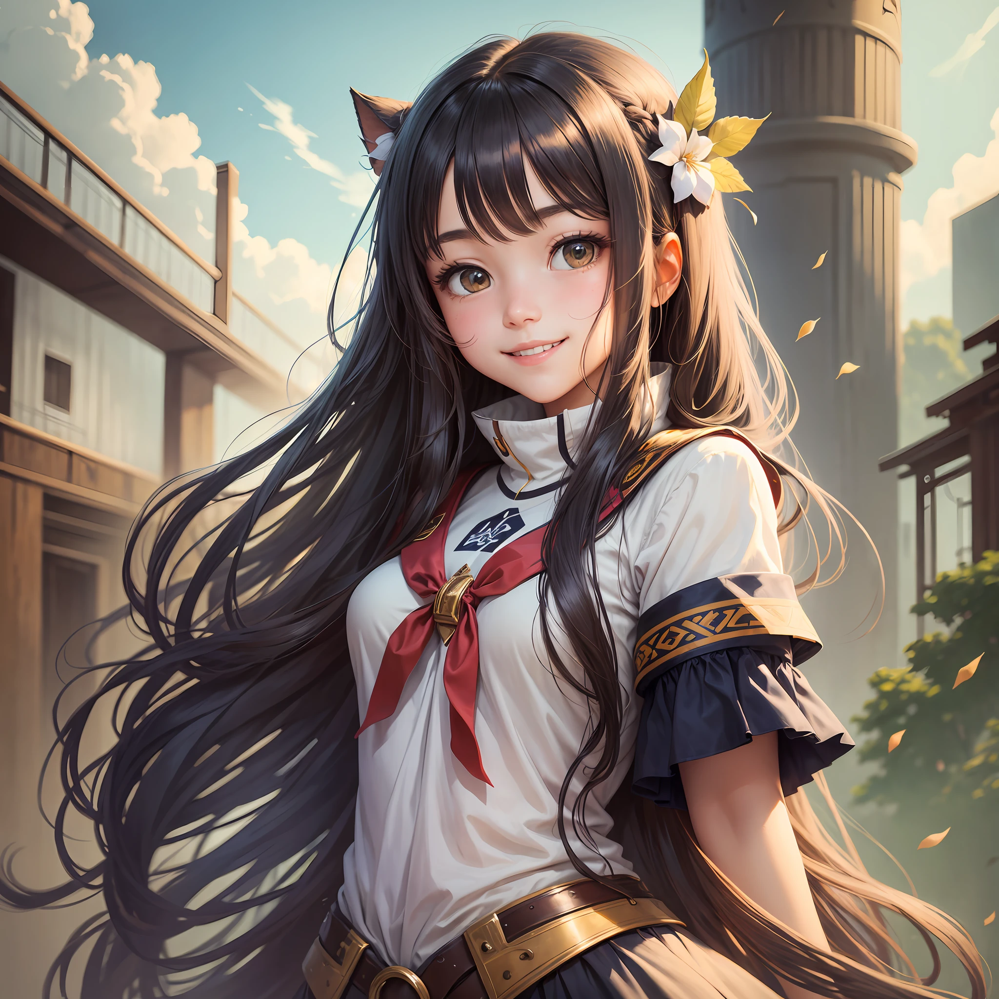 A girl looks at the camera with a smile, her long hair flowing and giving a feeling of affinity and warmth. --auto --s2
