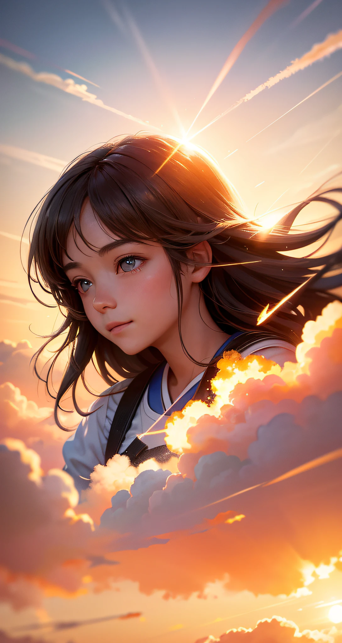masterpiece, best quality, movie still, 1girl, cloud girl, floating in the sky, close-up, bright, happy, warm soft lighting, sunset, (sparks:0.7)