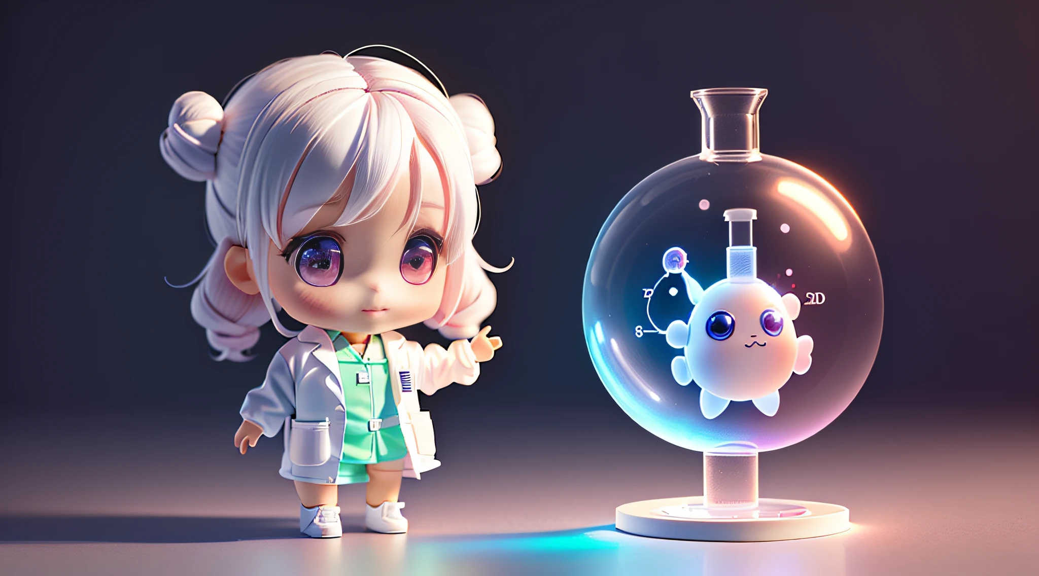 Super cute girl full body 3d drawing, 1 pc, good looking eyes, big eyes, cute, happy, c4d, pop matt blind box, glowing bubble, toy, solid color background, chibi, fluorescent translucency, luminescence, kawaii, doll, ((((scientist, white lab coat))), reference table, pop mart blind box, pixar, complex details, 3d rendering, blender, oc renderer, fol body reference sheet, dribble , High Details, 8K, Studio Lighting, Loli, Petite, Child, Chibi, SD characters: 1.1, Magic Lab background