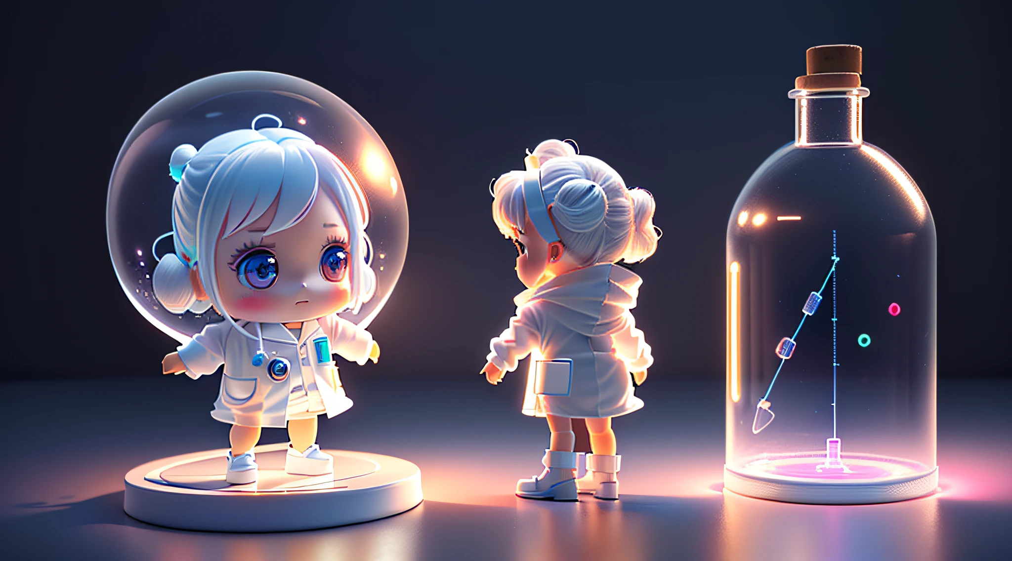 Super cute girl full body 3d drawing, 1 pc, good looking eyes, big eyes, cute, happy, c4d, pop matt blind box, glowing bubble, toy, solid color background, chibi, fluorescent translucency, luminescence, kawaii, doll, ((((scientist, white lab coat))), reference table, pop mart blind box, pixar, complex details, 3d rendering, blender, oc renderer, fol body reference sheet, dribble , High Details, 8K, Studio Lighting, Loli, Petite, Child, Chibi, SD characters: 1.1, Magic Lab background