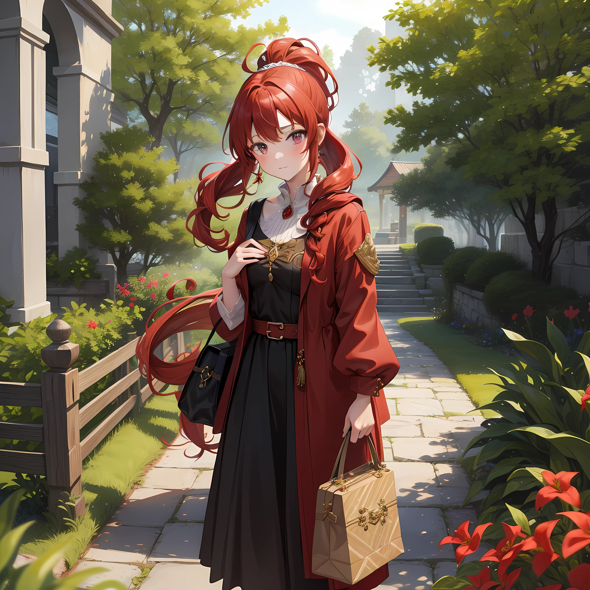 "An exquisite masterpiece featuring a girl with a high ponytail, curly red hair, and wizard clothes. Swiftly captured with auto-focus and beautifully composed with an enchanting style. has many bags, about to go into a mystical journey