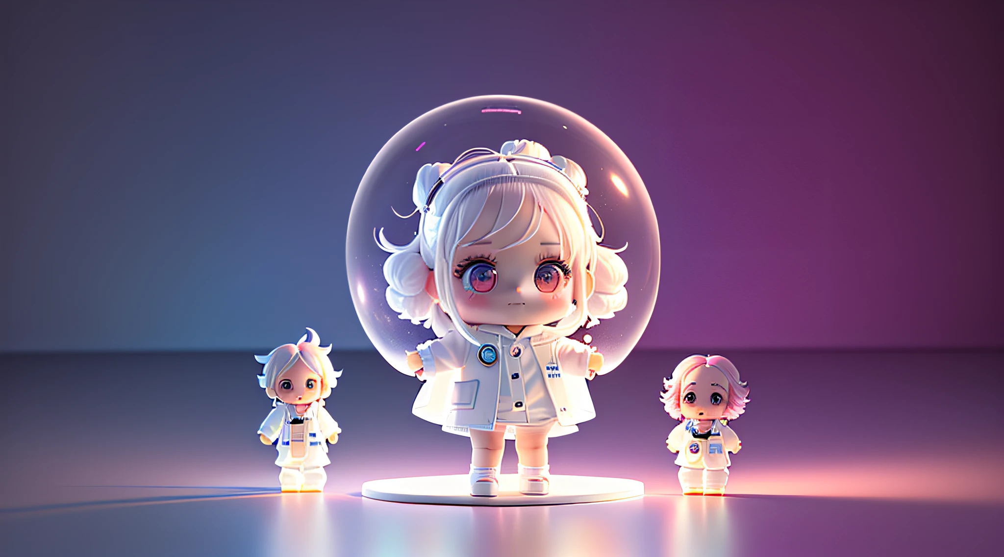 Super cute girl full body 3d drawing, 1 pc, good looking eyes, big eyes, cute, happy, c4d, pop matt blind box, glowing bubble, toy, solid color background, chibi, fluorescent translucency, luminescence, kawaii, doll, ((((scientist, white lab coat))), reference table, pop mart blind box, pixar, complex details, 3d rendering, blender, oc renderer, fol body reference sheet, dribble , High Details, 8K, Studio Lighting, Loli, Petite, Child, Chibi, SD characters: 1.1, Magic Lab background