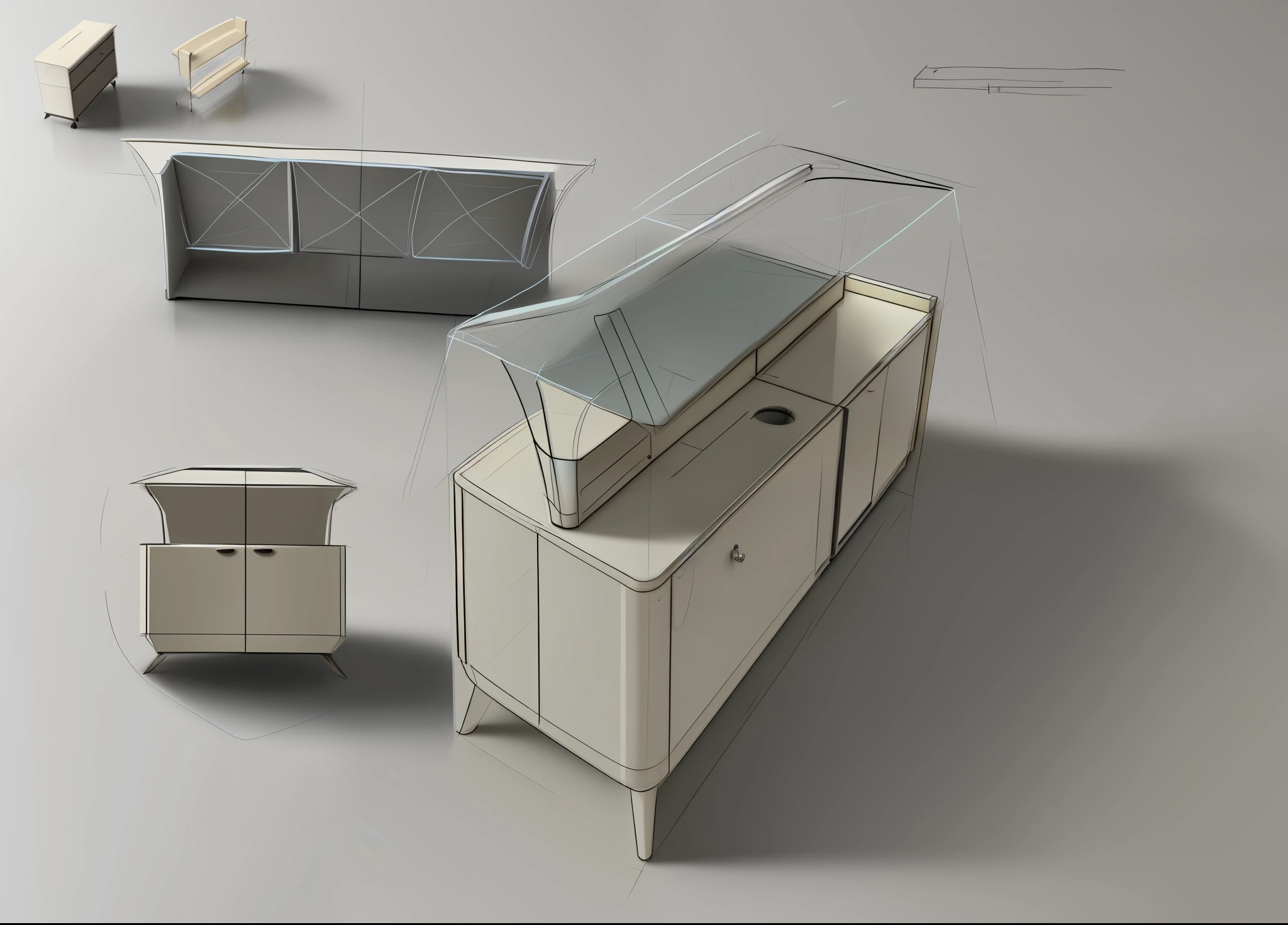 sketches of a kitchen with a refrigerator, sink, and a table, furniture concept photo!!, concept drawing, furniture design, furniture design sheet, technical sketch, concept sketch, concept design, prop design, orthographic 3d rendering, product design concept, concept illustration, stylistic furniture, sketch - up, design concept, sketch illustration, concept art sketch, conceptual