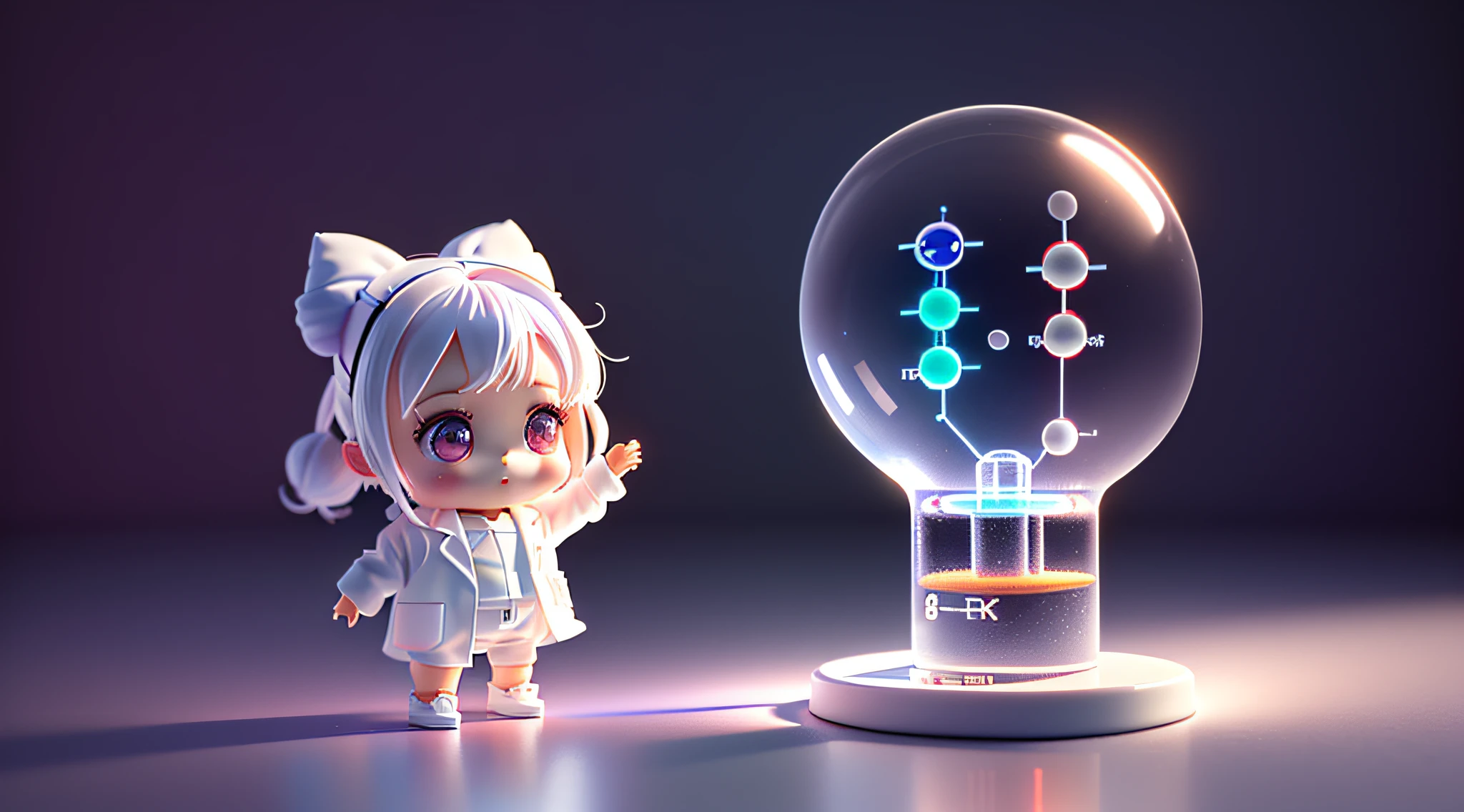 Super cute girl full body 3d drawing, 1 pc, good looking eyes, big eyes, cute, happy, c4d, pop matt blind box, glowing bubble, toy, solid color background, chibi, fluorescent translucency, luminescence, kawaii, doll, ((((scientist, white lab coat))), reference table, pop mart blind box, pixar, complex details, 3d rendering, blender, oc renderer, fol body reference sheet, dribble , High Details, 8K, Studio Lighting, Loli, Petite, Child, Chibi, SD characters: 1.1, Magic Lab background