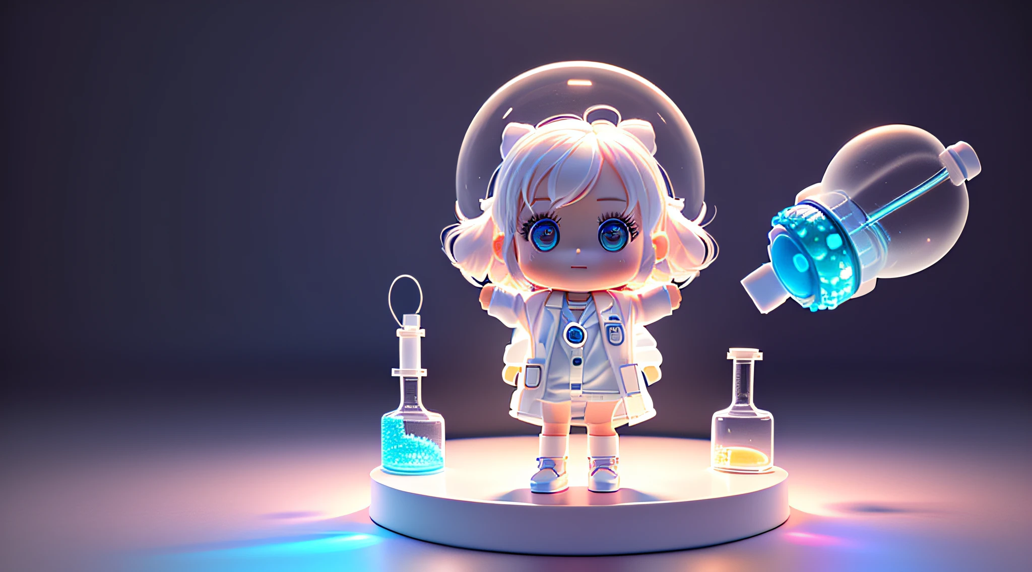 Super cute girl full body 3d drawing, 1 pc, good looking eyes, big eyes, cute, happy, c4d, pop matt blind box, glowing bubble, toy, solid color background, chibi, fluorescent translucency, luminescence, kawaii, doll, ((((scientist, white lab coat))), reference table, pop mart blind box, pixar, complex details, 3d rendering, blender, oc renderer, fol body reference sheet, dribble , High Details, 8K, Studio Lighting, , Petite, Child, Chibi, SD characters: 1.1, Magic Lab background