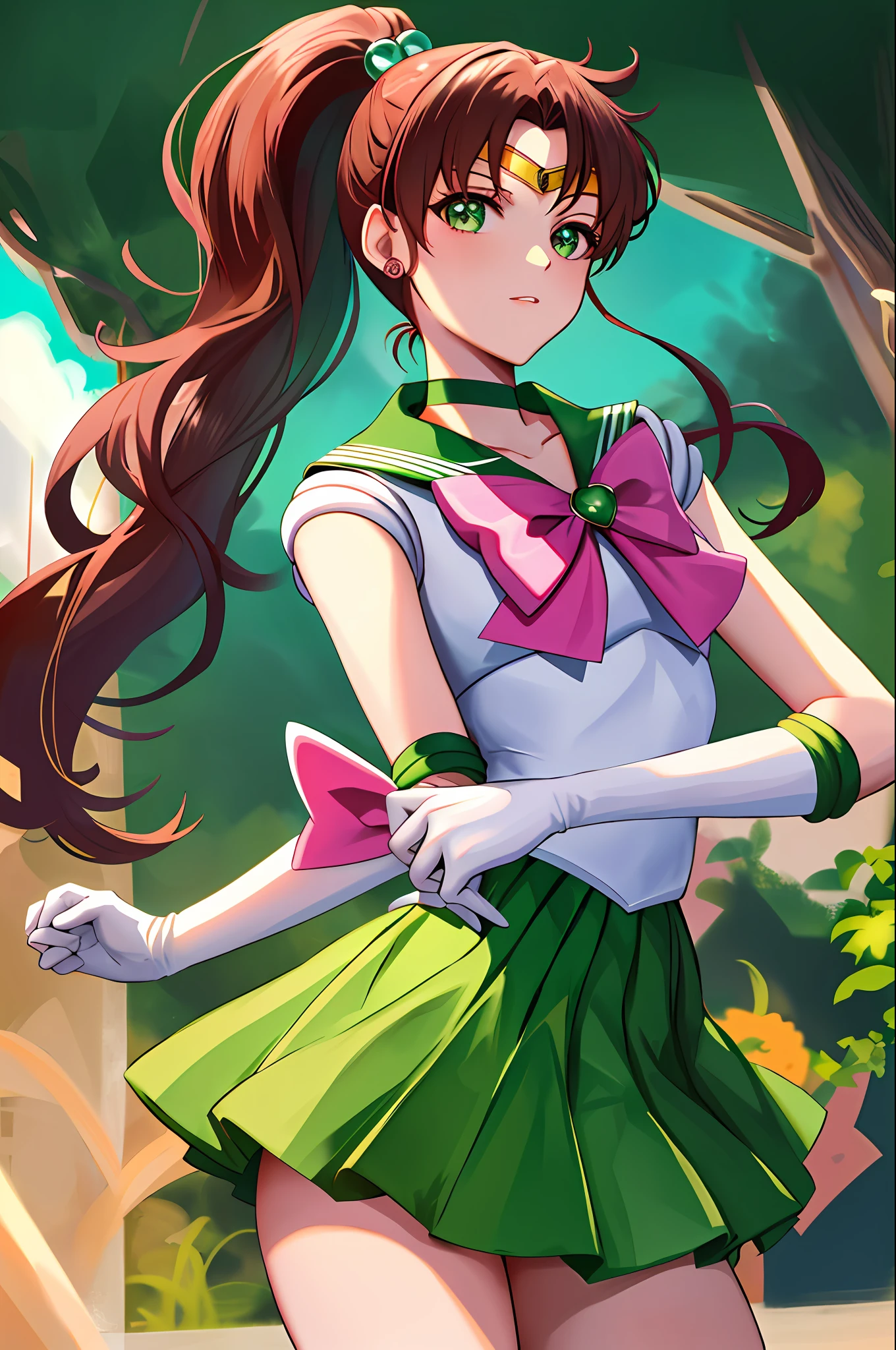 Masterpiece, Top Quality, Hi-Res, HMJUPITER, Green Eyes, Ponytail, Tiara, Jewelry, Sailor Senshi Uniform, Green Sailor Color, Choker, Elbow Gloves, White Gloves, Pink Bow, Brooch, Leotard, Green Skirt, Cowboy Shot, Standing, Small Head,