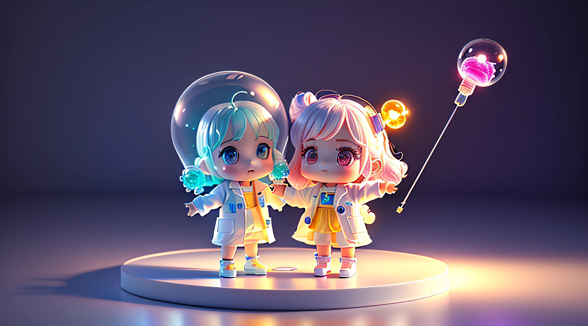 Super cute girl full body 3d drawing, 1 pc, good looking eyes, big eyes, cute, happy, c4d, pop matt blind box, glowing bubble, toy, solid color background, chibi, fluorescent translucency, luminescence, kawaii, doll, ((((scientist, white lab coat))), reference table, pop mart blind box, pixar, complex details, 3d rendering, blender, oc renderer, fol body reference sheet, dribble , High Details, 8K, Studio Lighting, Loli, Petite, Child, Chibi, SD characters: 1.1, Magic Lab background