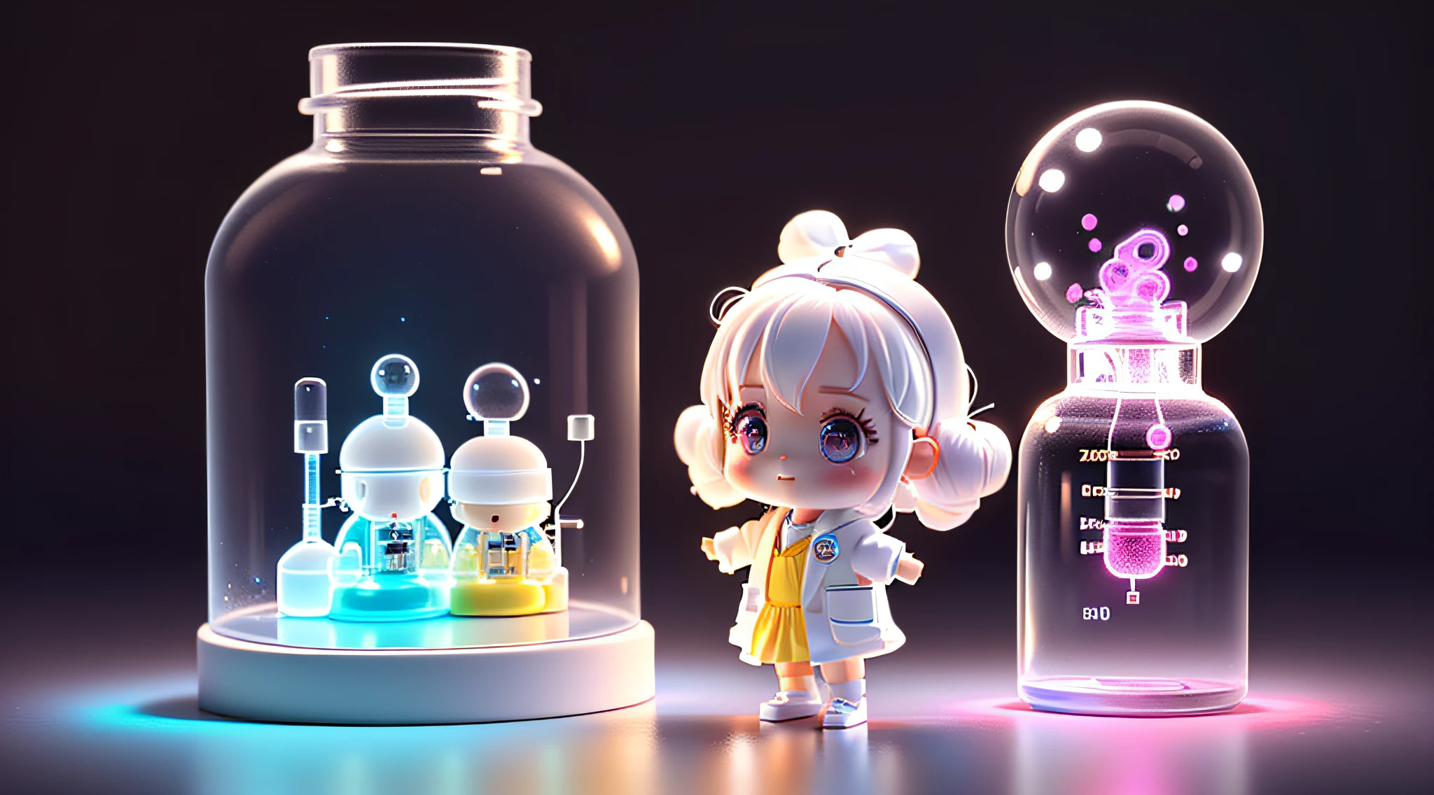 Super cute girl full body 3d drawing, 1 pc, good looking eyes, big eyes, cute, happy, c4d, pop matt blind box, glowing bubble, toy, solid color background, chibi, fluorescent translucency, luminescence, kawaii, doll, ((((scientist, white lab coat))), reference table, pop mart blind box, pixar, complex details, 3d rendering, blender, oc renderer, fol body reference sheet, dribble , High Details, 8K, Studio Lighting, , Petite, Child, Chibi, SD characters: 1.1, Magic Lab background
