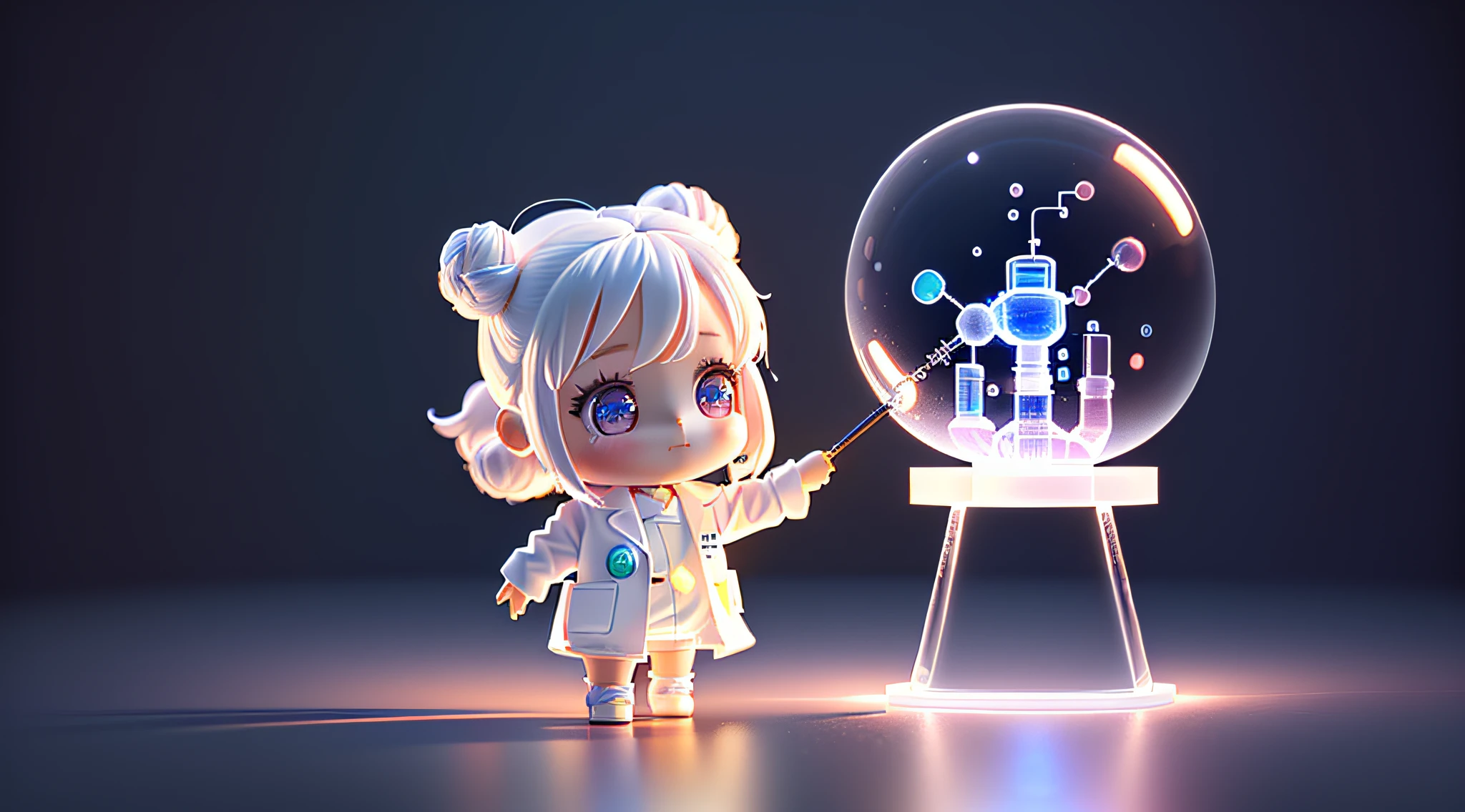 Super cute girl full body 3d drawing, 1 pc, good looking eyes, big eyes, cute, happy, c4d, pop matt blind box, glowing bubble, toy, solid color background, chibi, fluorescent translucency, luminescence, kawaii, doll, ((((scientist, white lab coat))), reference table, pop mart blind box, pixar, complex details, 3d rendering, blender, oc renderer, fol body reference sheet, dribble , High Details, 8K, Studio Lighting, Loli, Petite, , Chibi, SD characters: 1.1, Magic Lab background