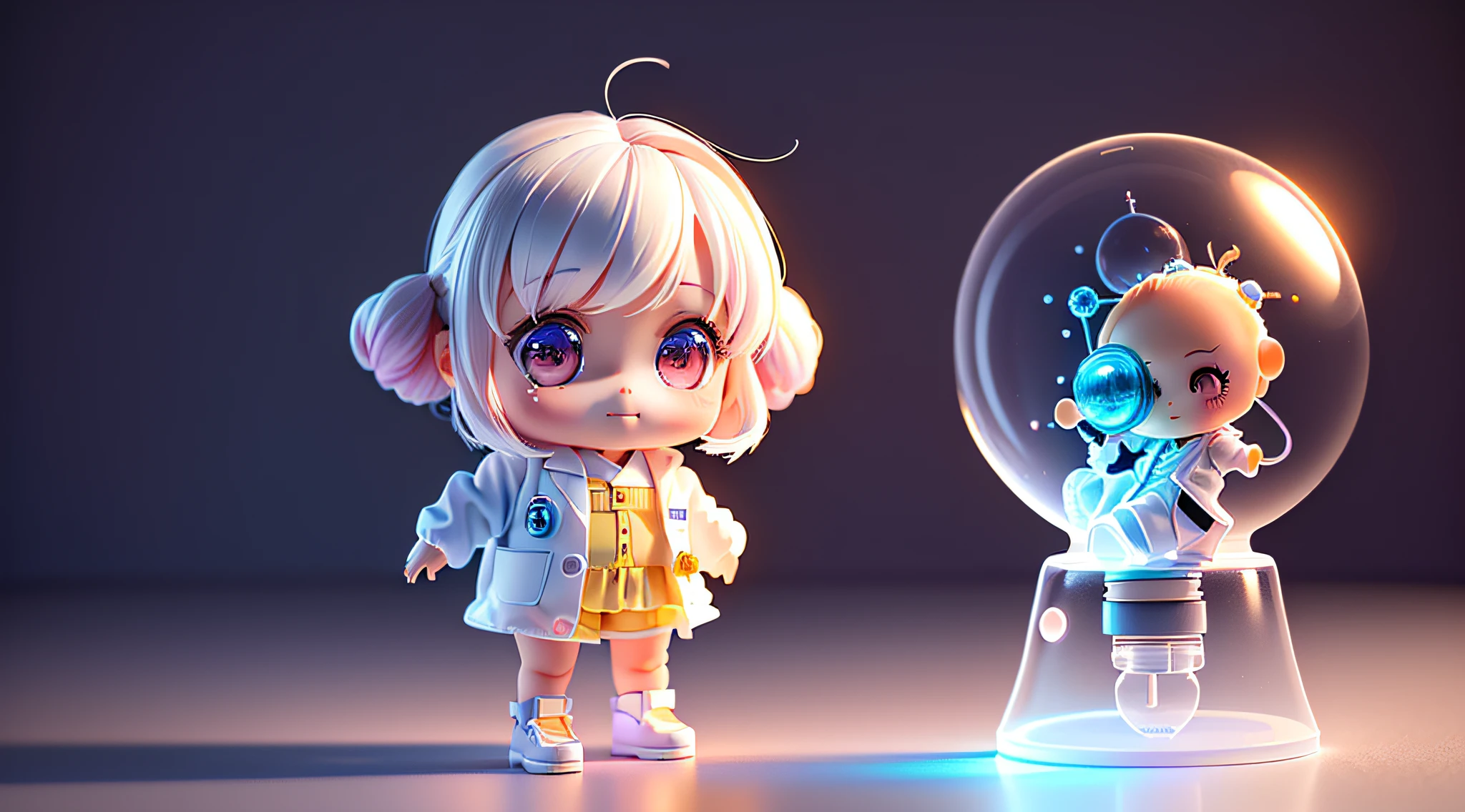 Super cute girl full body 3d drawing, 1 pc, good looking eyes, big eyes, cute, happy, c4d, pop matt blind box, glowing bubble, toy, solid color background, chibi, fluorescent translucency, luminescence, kawaii, doll, ((((scientist, white lab coat))), reference table, pop mart blind box, pixar, complex details, 3d rendering, blender, oc renderer, fol body reference sheet, dribble , High Details, 8K, Studio Lighting, Loli, Petite, Child, Chibi, SD characters: 1.1, Magic Lab background