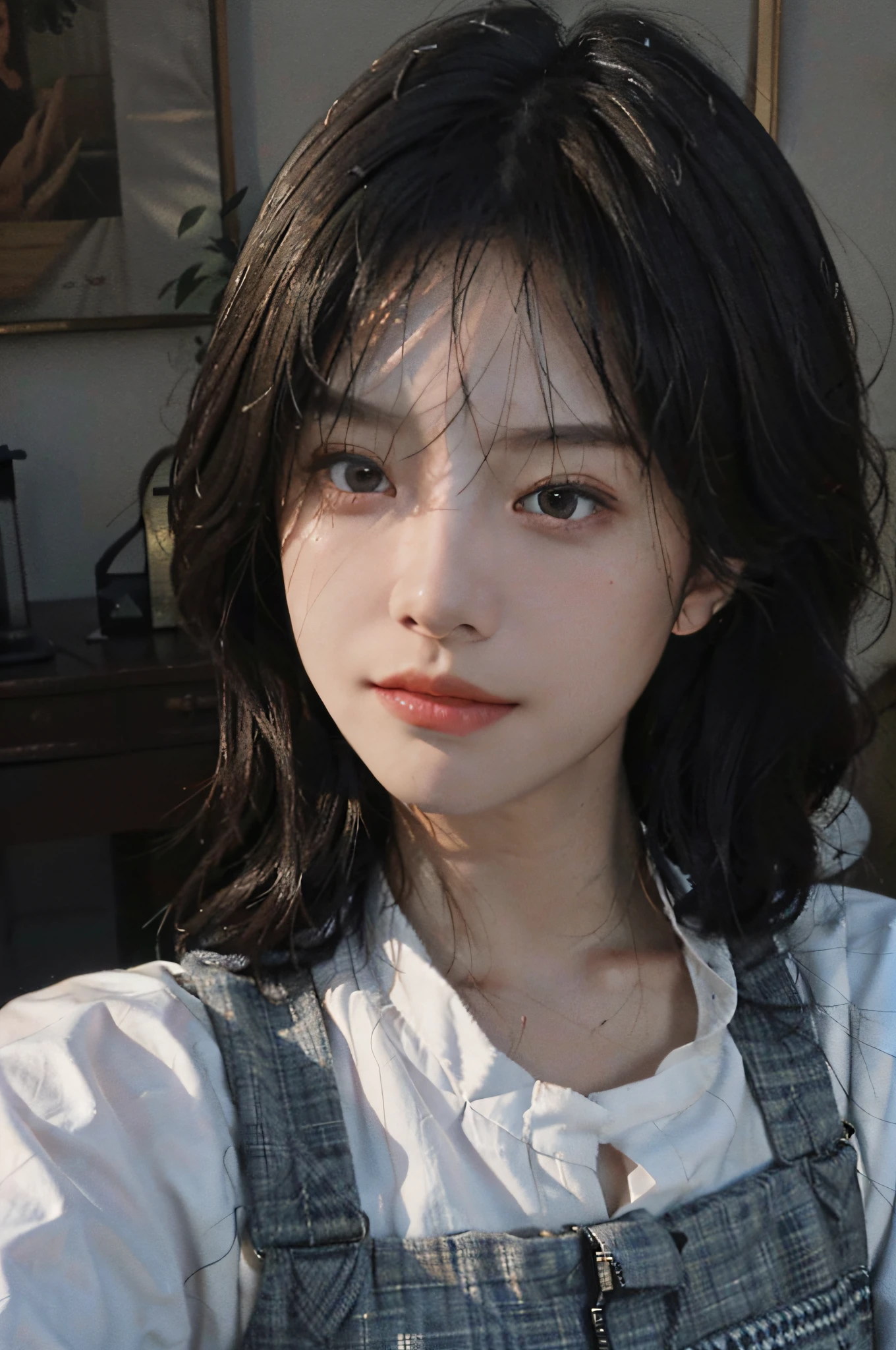 8K, Best Quality, Masterpiece, Ultra High Resolution, (Realism: 1.4), Original Photo, (True Skin Texture: 1.3), (Film Grain: 1.3), (Selfie Angle), 1 Girl, Beautiful Eyes and Face Details, Black Suspenders, Masterpiece, Best Quality, Close-up, Upper Body, Half,