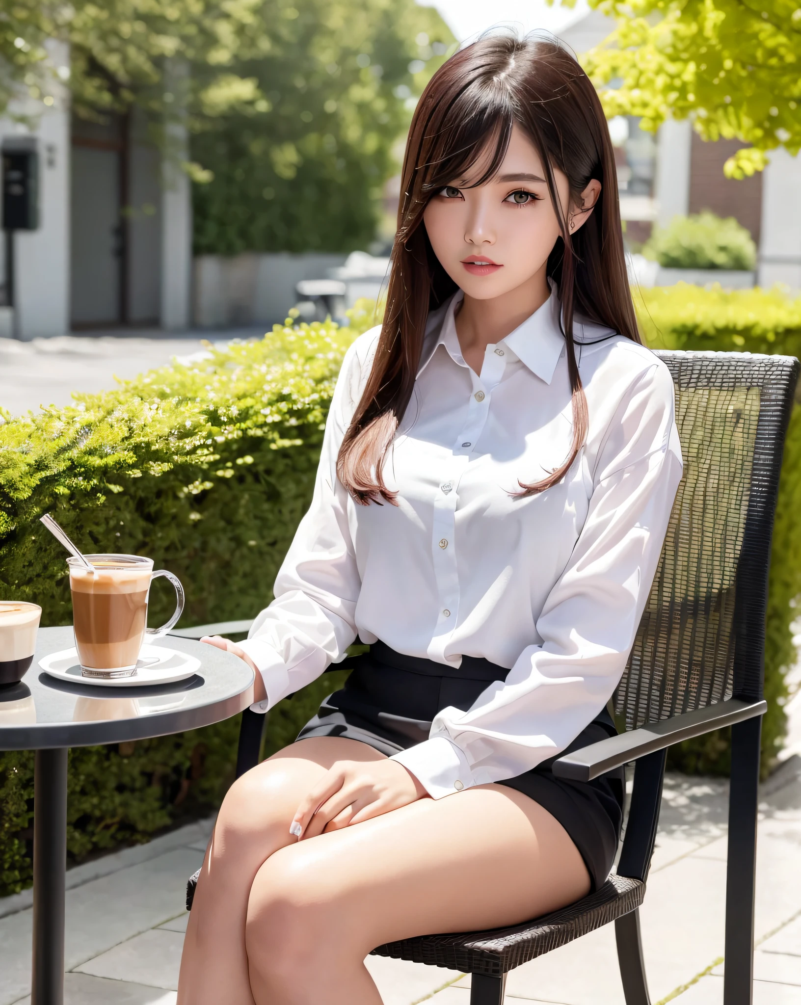 NSFW, (8k, best quality, master:1.2), (realistic, photo-realistic:1.37), super detailed, 1 girl, view, cute, beautiful detailed sky, detailed café, evening, sitting, dating, (nose red), sitting at the table, afternoon tea on the table, (smile: 1.15), (shut up) medium chest, beautiful delicate eyes, (collared shirt: 1.1), daytime, sun, professional wear, rain, white lace, (long hair: 1.4), silver NovaFrogStyle, uniform, white skin, movie lights, sunlight, street lights, (av actress: 4), full body shot, (coffee table: 1), (handbag: 1), ulzzang -6500-v1.1:0.3, karinak-4501-6300 :1.2