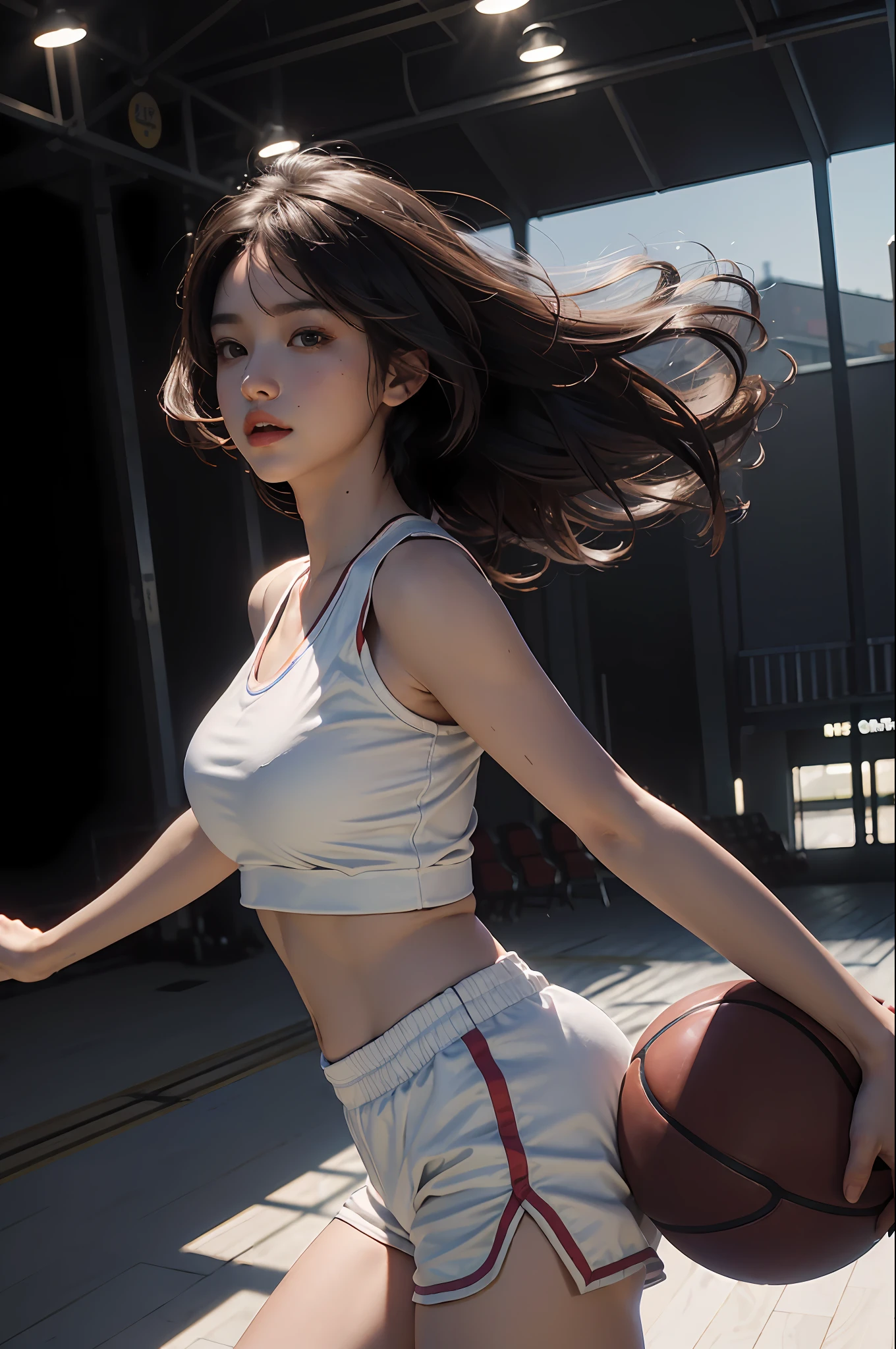 (RAW photo, 4k, masterpiece, high resolution, extremely complex) (realistic: 1.4), cinematic lighting Delicate girl with delicate facial features, oversized breasts
1 Girl, Single Focus, Summer Noon, Hot, Gym 1990s\(style\), white skin, oversized breasts, shorts, sweat, (best quality), (highres), (an extremely delicate and beautiful), (Beautiful 8k face), (brown eyes), (ulzzang-6500:1.0), (solo), ( looking side),(spectators),(large breasts),(NBA),bent over,,lookside,(side), ,(Basketball sportswear),((Play basketball)),((gymnasium)),((speed)),(reality),