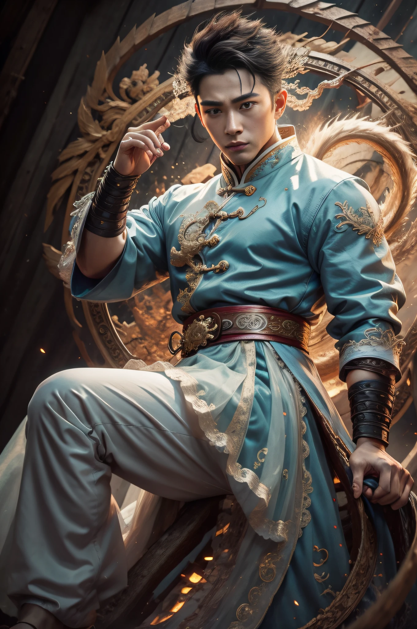 Handsome, 25 years old, Asian, master work, best picture quality, higher quality, high detail, super high resolution, (realistic: 1.4) 8k resolution, delicate facial features, boys, big muscles, tattoos, glowing eyes, short hair, white black hair, hair details, (full body: 0.6), detailed background , [[look away, look to the side, emphasize homosexuality and pay attention to every detail , open Hanfu transparent tulle jacket, white rubber pants, (crotch bulge), , Fa gong, Chinese kung fu, fingerless gloves, Wristbands, dragon themed costumes, monk robes, dynamic composition,,, wood, wood background, very much wood, wood around the body, dead wood, a lot of branches background, Chinese wood carving, wood carving modeling crafts