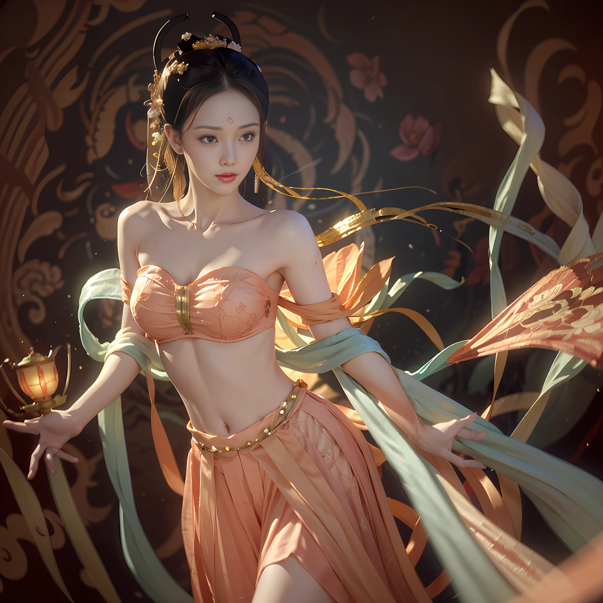 RAW Photo, Realistic, (Photo Realistic: 1.3), Best Quality, Masterpiece, Ultra Detail, Extreme Detail, 8k Wallpaper, Realistic Detail, Movie Lighting, Illustration, 1 Girl, upper_body, Dynamic Angle, World Mastery Theater, Best Quality, Extremely Delicate Beautiful Girl, Perfect Face, Delicate Facial Features, Delicate Hands, Delicate Eyelashes, Delicate Eyes, Supple Fair Skin, Sexy Collarbone, Dance, dunhuang_dress, Lotus Flower, Bare Shoulder, stunning beauty, belly, navel, amazing, sexy, peach blossom eyes, light makeup, smile, lens_flare, mural background, streamers, floating, lanterns,