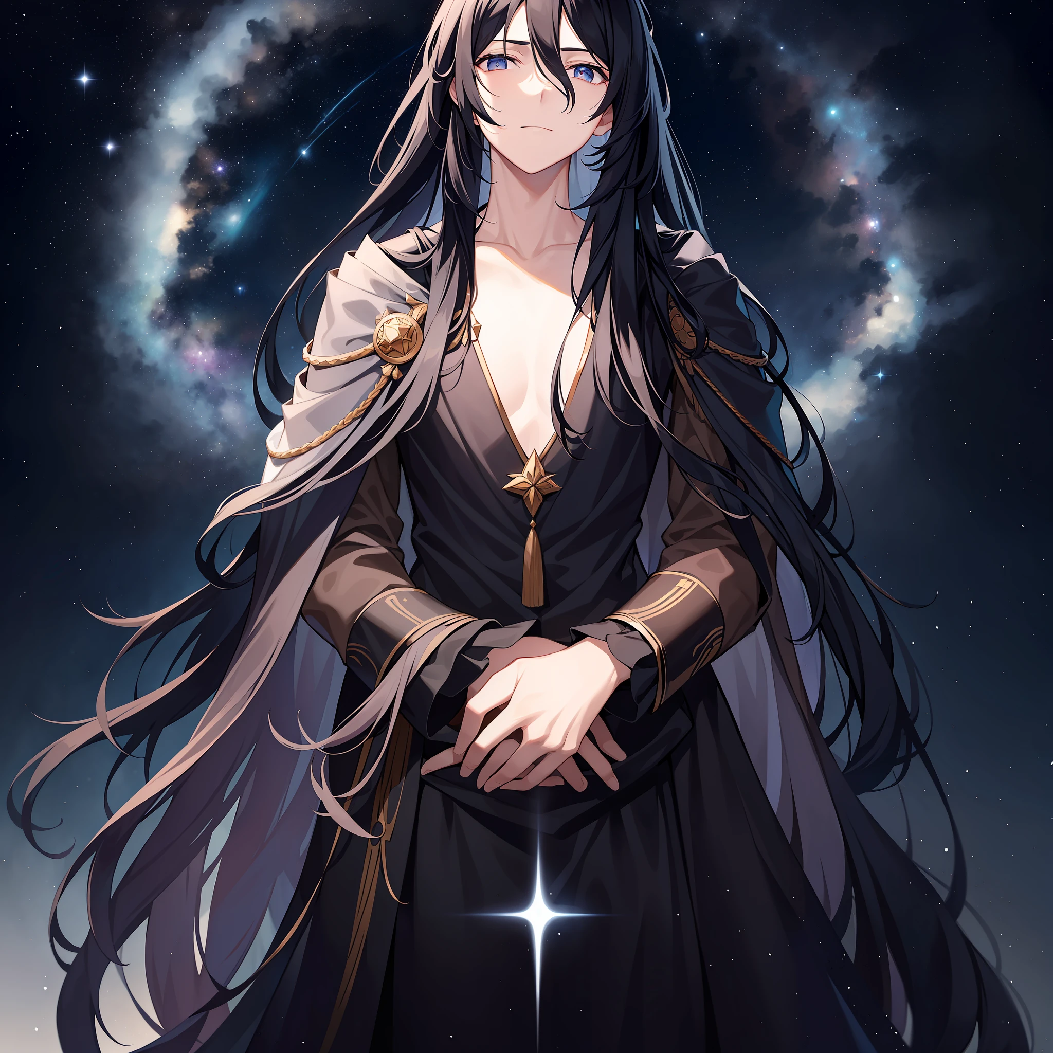 An emperor with long black hair and ancient costume. Long black hair casually hung down on his shoulders, his eyes were cold and proud, and his entire face was shrouded in a layer of mystery. The costumes on his body are gorgeous, but they highlight his mystery and cruelty. Character posture: standing in the starry sky, holding a black sword in his hand, in the cold environment, as if he is a king in the dark, full of majesty and inviolability.
Environment: In the dark interstellar, there are almost no characteristics in the environment that can evoke people's intimate feelings, making people feel lonely and indifferent.
Atmosphere: cold and majestic
Environmental characteristics: The surrounding environment is uninhabited, only the stars and ashes between the dark stars are circulating, and the environment is silent and indifferent.
Ambient time: late at night