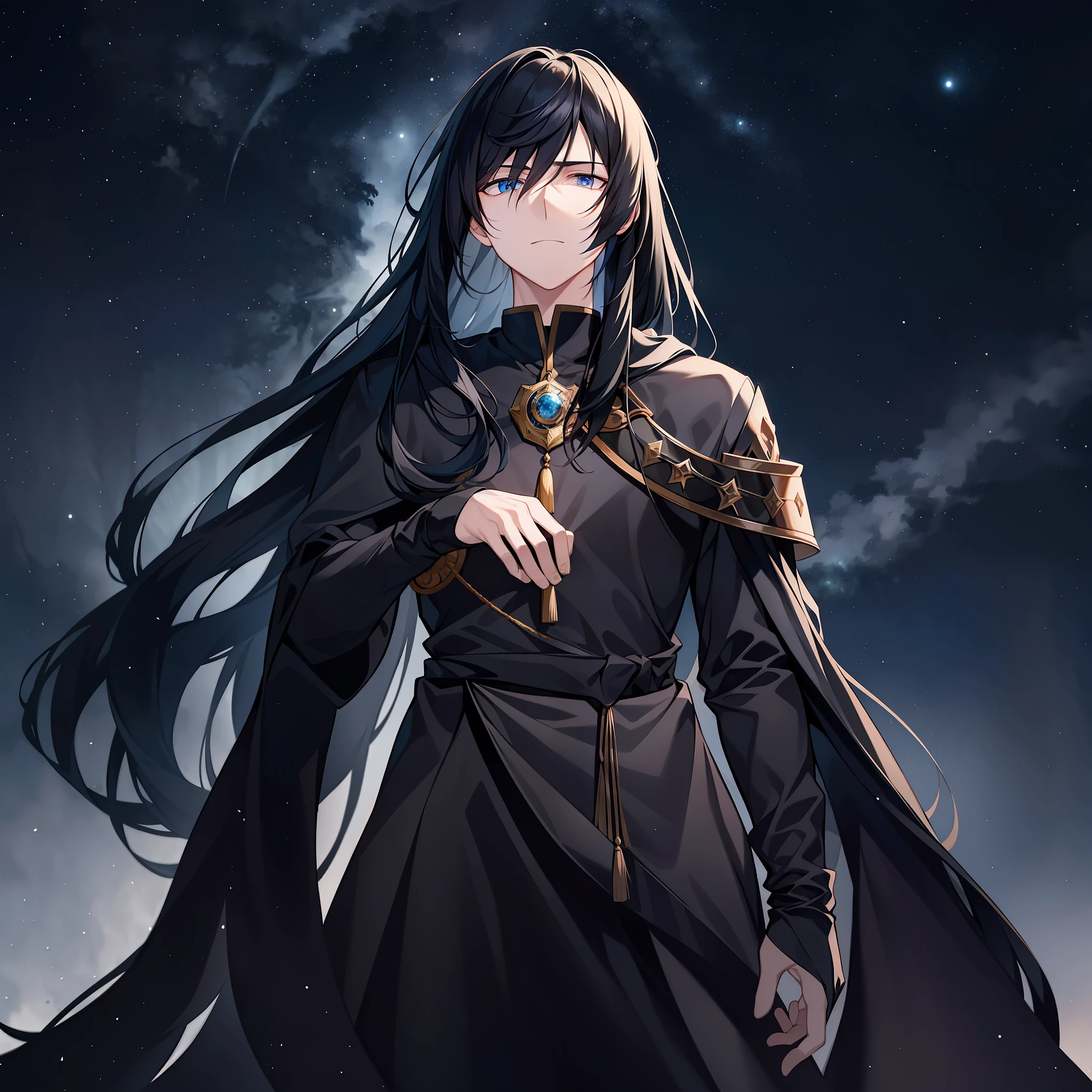 An emperor with long black hair and ancient costume. His posture is tall, and his temperament is arrogant and cold. Long black hair casually hung down on his shoulders, his eyes were cold and proud, and his entire face was shrouded in a layer of mystery. The costumes on his body are gorgeous, but they highlight his mystery and cruelty. Character posture: standing in the starry sky, holding a black sword in his hand, in the cold environment, as if he is a king in the dark, full of majesty and inviolability. Environment: In the dark interstellar, there are almost no characteristics in the environment that can evoke people's intimate feelings, making people feel lonely and indifferent. Environmental atmosphere: cold, majestic Environmental characteristics: The surrounding environment is uninhabited, only the stars and ashes between the dark stars flow, and the environment is silent and indifferent. Ambient time: late at night