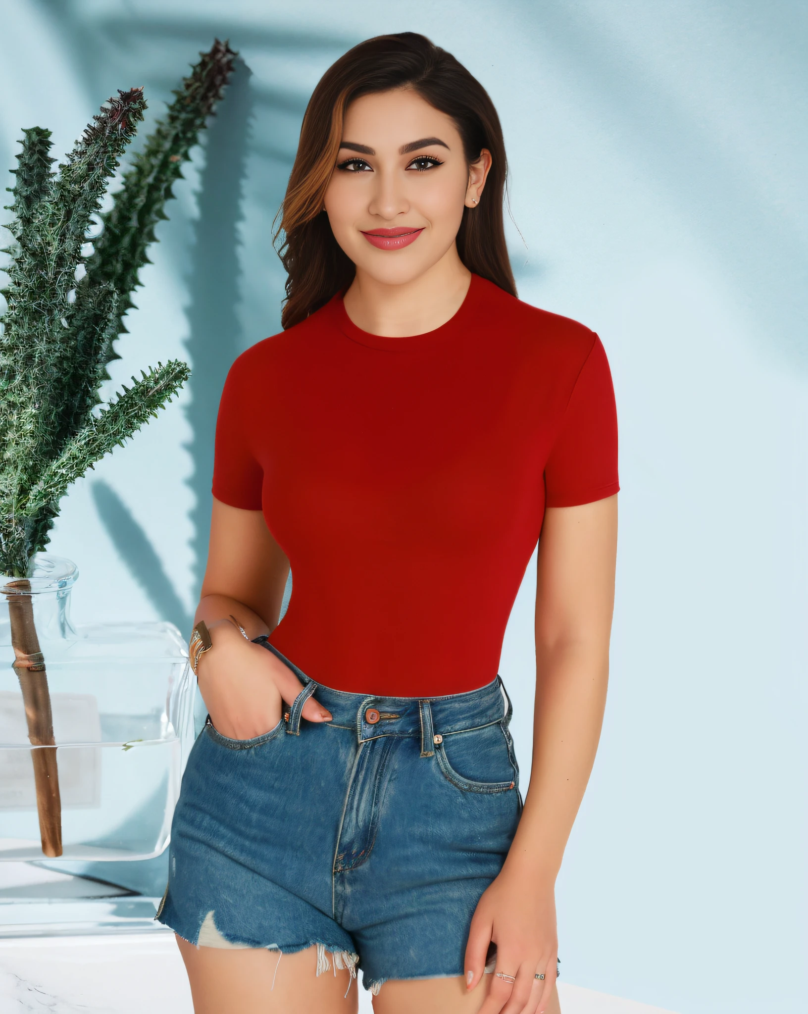Arad woman posing for photo in red shirt and denim shorts, wearing tight simple clothes, red t-shirt, tight shirt, wearing tight shirt, short sleeves, wearing cropped top, red shirt with skinny waist and thick hips, red tights, wearing sexy cropped top, cropped t-shirt with tears, official product picture, wearing cute top, finger detail