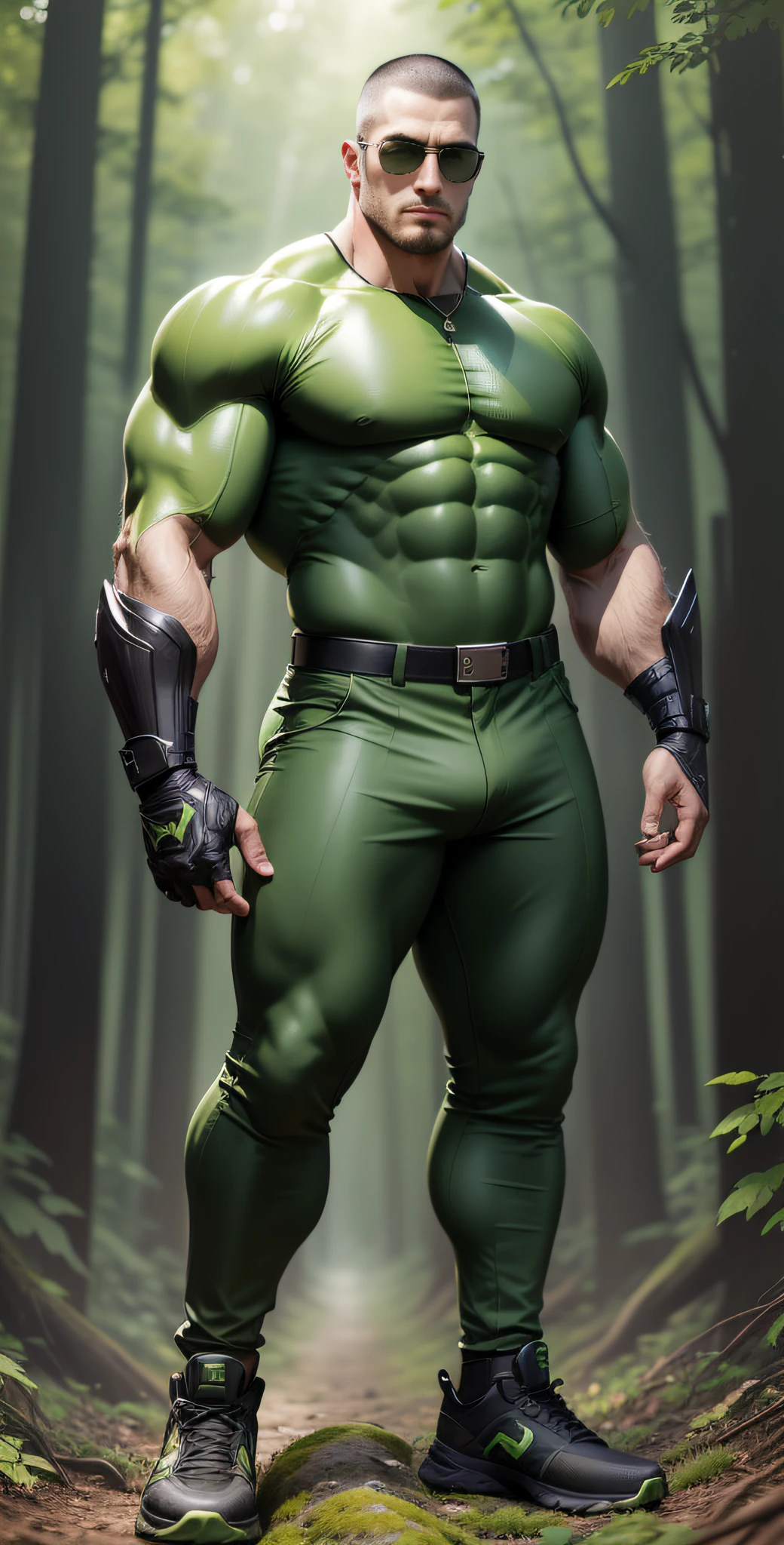Man in green and black clothes standing in sunny forest, American round head, Buzz Cut, national character face, tall and burly, muscular male hero, heroic male pose, muscular! Wearing sunglasses, skins brand stealth suit, super buff and cool, high resolution committee, character design police, sneakers, charismatic strong male with armor, sunlight shining through the gaps in the woods