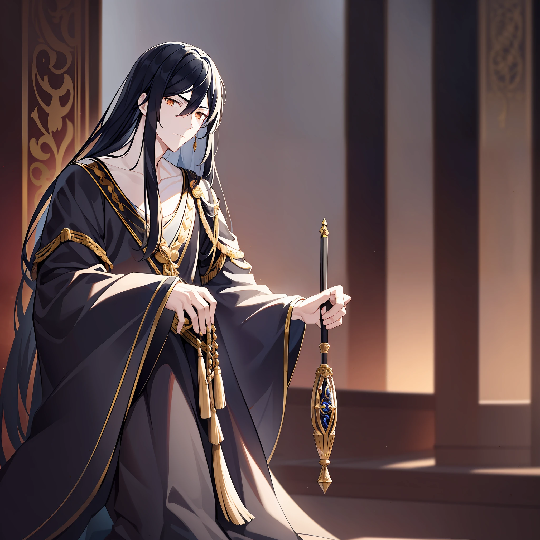 An emperor with long black hair and ancient costume. His posture is tall, and his temperament is arrogant and cold. Long black hair casually hung down on his shoulders, his eyes were cold and proud, and his entire face was shrouded in a layer of mystery. The costumes on his body are gorgeous, but they highlight his mystery and cruelty. Character posture: sitting high on the seat, with a proud posture, holding a silver scepter in his hand, looking at the crowd in front of him faintly; Ambient light: soft light in the room, shining down from the top light, warm and soft; Environmental atmosphere: killing atmosphere, majestic, solemn; Environmental features: ancient and ornate palace, golden walls splendid, gates carved with strange patterns, standing in front of His Majesty the ruler of the White Fox Clan are several pious bowing courtiers; Ambient time: At eleven o'clock in the evening, the sky outside has completely darkened, and the dim candlelight inside the palace reflects His Majesty's face