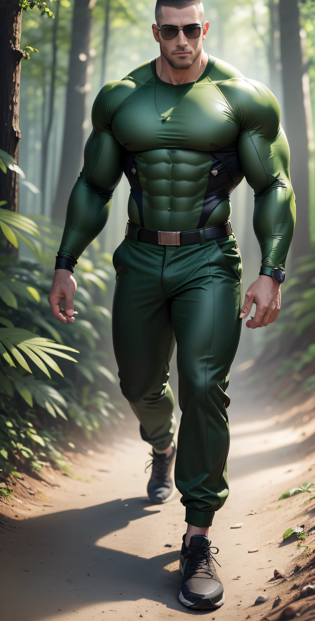 Man in green and black clothes standing in sunny forest, American round head, Buzz Cut, national character face, tall and burly, muscular male hero, heroic male pose, muscular! Wearing sunglasses, skins brand stealth suit, super buff and cool, high resolution committee, character design police, sneakers, charismatic strong male with armor, sunlight shining through the gaps in the woods