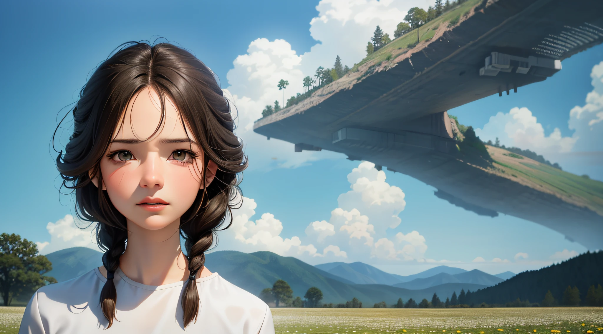 Movie Poster,Single,Most Real,Highest Resolution,Face Resolution,(((Braid Hairstyle: 1.5)),Science Fiction,Sci-Fi,Based on the movie Foundation,View from Front,Angry,Middle-aged Adults,40-Year-Old Women,Black One-Sided Hairstyle,Brown Eyes,(Reference to White Scientist Set :1.5),Filed in the middle of an open meadow with a breeze blowing,Top quality images