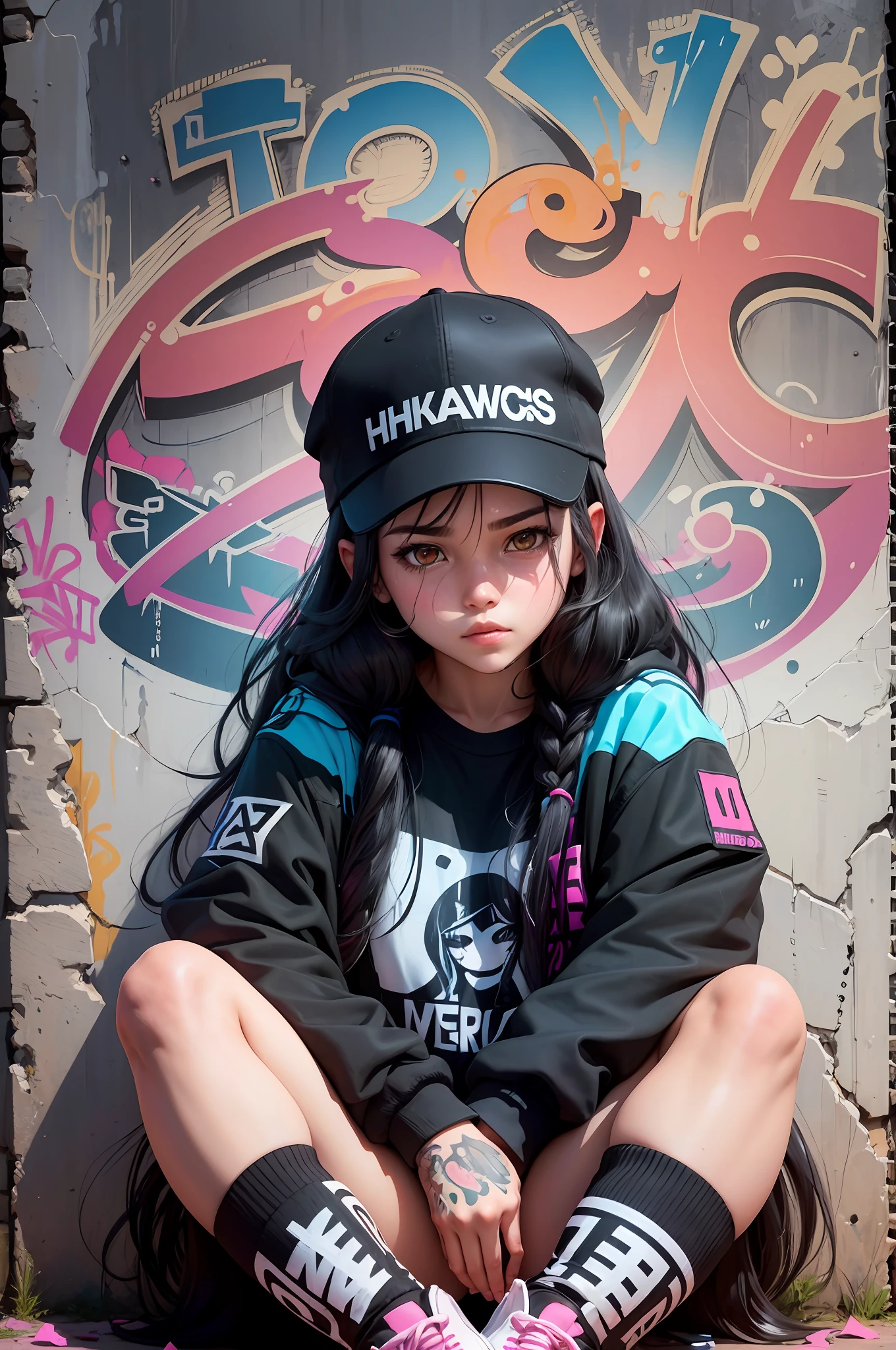 The image shows a girl sitting on the ground with her legs crossed and wearing a black shirt, pink shorts, and black sneakers. She has long black hair and is wearing a black cap with a white logo on the front. The background is a graffiti-covered wall with the words “FiveWs” written in large letters. The overall mood of the image is casual and relaxed. The girl’s facial expression is neutral, with a slight smile. The layout of the image is simple, with the girl sitting in the foreground and the graffiti wall in the background. The image is well-composed, with the girl’s body and clothing in the center of the frame and the graffiti wall in the background. The lighting in the image is natural, with the girl’s face and clothing in shadow and the graffiti wall in bright light. The image is well-drawn, with clean lines and good detail. The overall style of the image is anime, with the girl’s long black hair and the graffiti wall adding to the anime aesthetic. The image is well-suited for a manga or anime cover.