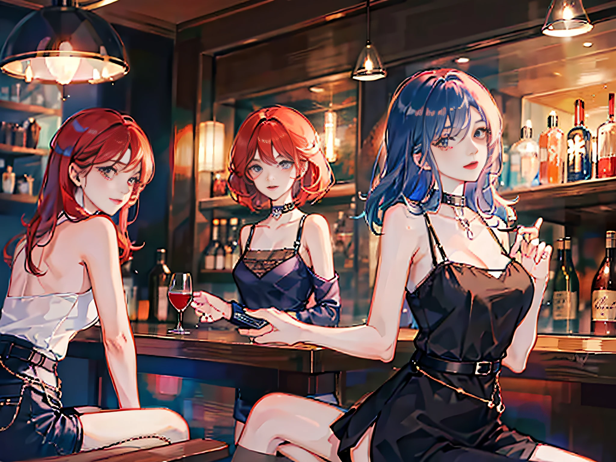 Anime girls sitting at a bar with a glass of wine - SeaArt AI