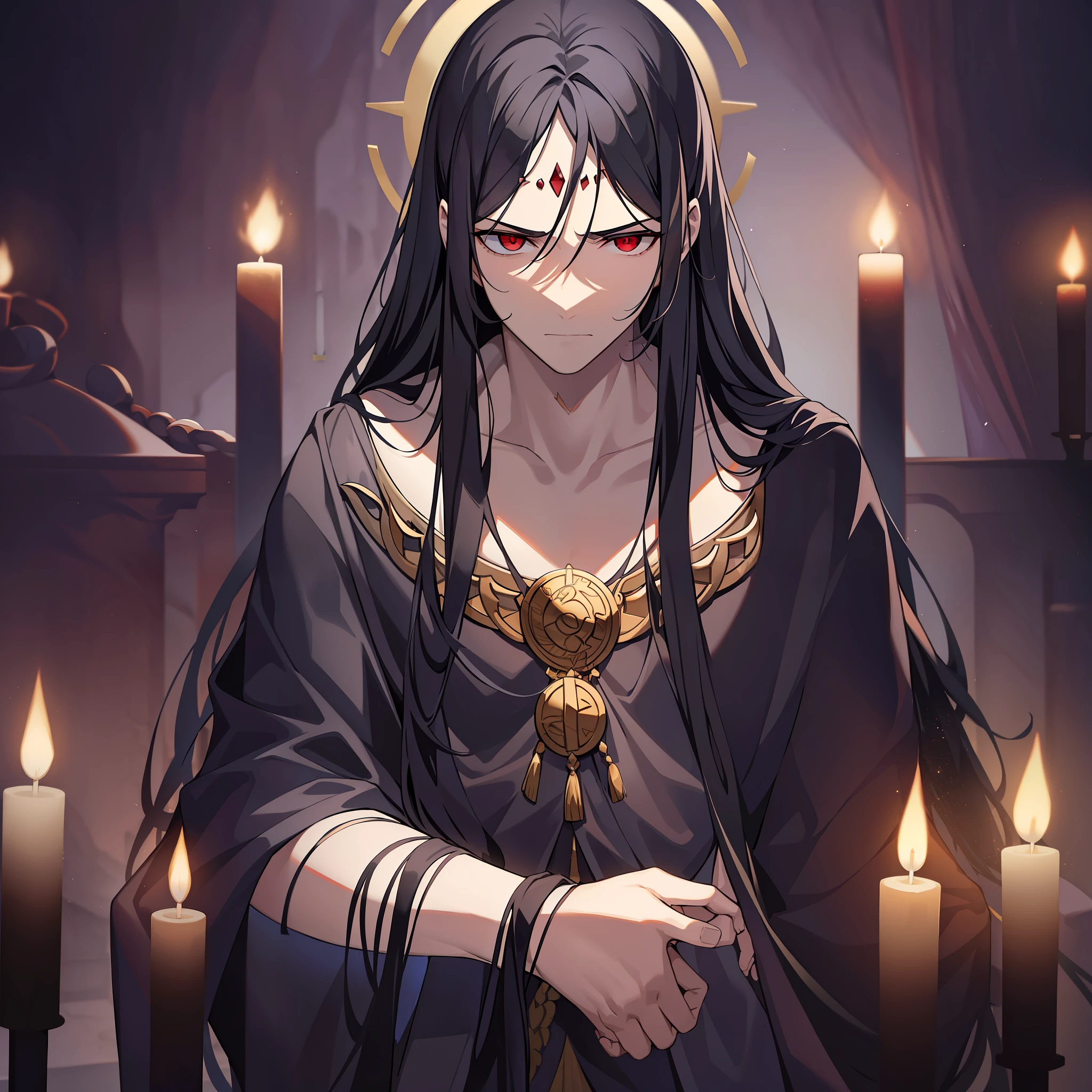 An emperor with long black hair and ancient costume. His posture is tall, and his temperament is arrogant and cold. Long black hair casually hung down on his shoulders, his eyes were cold and proud, and his entire face was shrouded in a layer of mystery. His costume is magnificently carved, but it highlights his mysterious and cruel posture: holding a scythe, staring deeply ahead, as if watching the ritual progress. Surrounded by an altar and candles, the atmosphere is solemn and solemn.
Environment: In front of the altar, surrounded by a circle of candles and runes, the atmosphere is mysterious and solemn.
Atmosphere: mysterious and dignified
Environmental features: Surrounded by runes and sacrifices, it means that this is a huge ritual that makes people chill.
Ambient time: midnight.