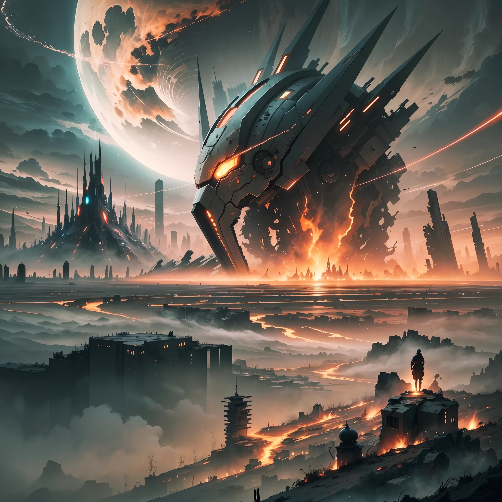 otherworld, reincarnation, devastation, parallel world, war, conflict, battle, observation, mechanical organism, air pollution, hazard, destruction, desertification, magic, domination, organization, loneliness, heavy weapons, cloudy sky, looking up, loneliness, haze, dust , air strike, flame, transverse line, fantasy, collapse --auto --s2