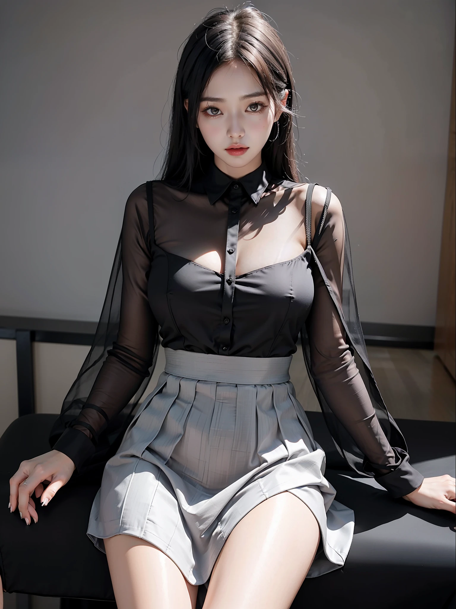 Sitting on chair in black dress, Korean female fashion model, transparent gray skirt, mesh shirt, chrome clothes, shiny silver, lucky I look, big breasts, best quality, masterpiece, super high resolution, realistic,