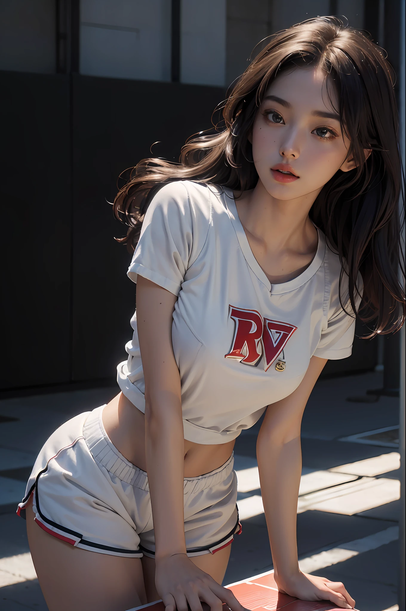 (RAW photo, 4k, masterpiece, high resolution, extremely complex) (realistic: 1.4), cinematic lighting Delicate girl with delicate facial features, oversized breasts
1 Girl, Single Focus, Summer Noon, Hot, Gym 1990s\(style\), white skin, oversized breasts, shorts, sweat, (best quality), (highres), (an extremely delicate and beautiful), (Beautiful 8k face), (brown eyes), (ulzzang-6500:1.0), (solo), ( looking side),(spectators),(large breasts),(NBA),bent over,,lookside,(side), ,(Basketball sportswear),((Play basketball)),((gymnasium)),((speed)),(reality),