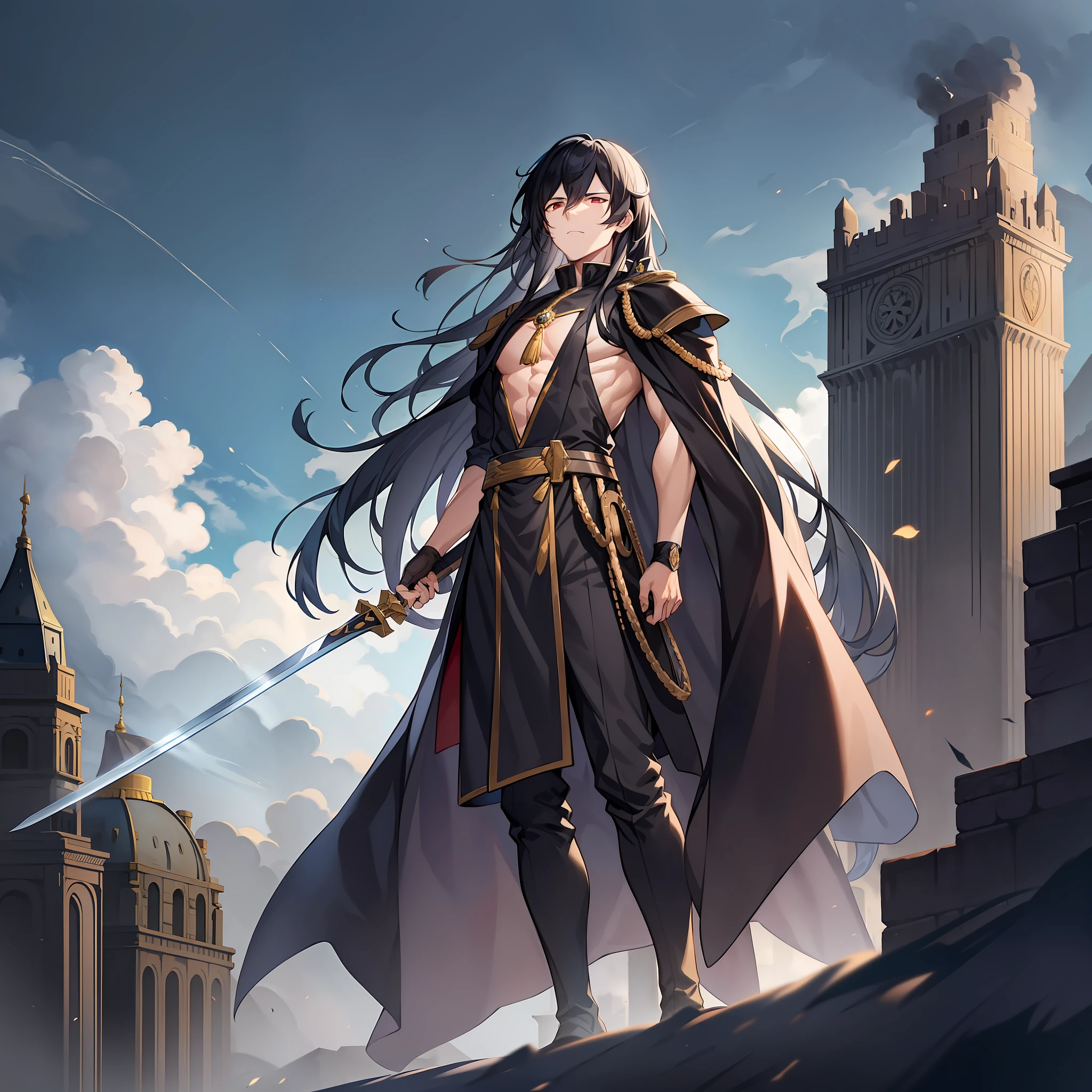 An emperor with long black hair and ancient costume. His posture is tall, and his temperament is arrogant and cold. Long black hair casually hung down on his shoulders, his eyes were cold and proud, and his entire face was shrouded in a layer of mystery. The costumes on his body are gorgeous, but they highlight his mystery and cruelty. Character pose: Wearing a war robe, standing above the head of the city, leaning on the pillar with his left hand and a long sword in his right hand, standing in the wind, awe-inspiring.
Location: On the war-torn city wall, under the city tower is a steaming smoke.
Atmosphere: war, tension
Environmental characteristics: The iron riding above the head of the city is empty, and the sword light and shadow are tense and exciting.
Ambient time: Dusk