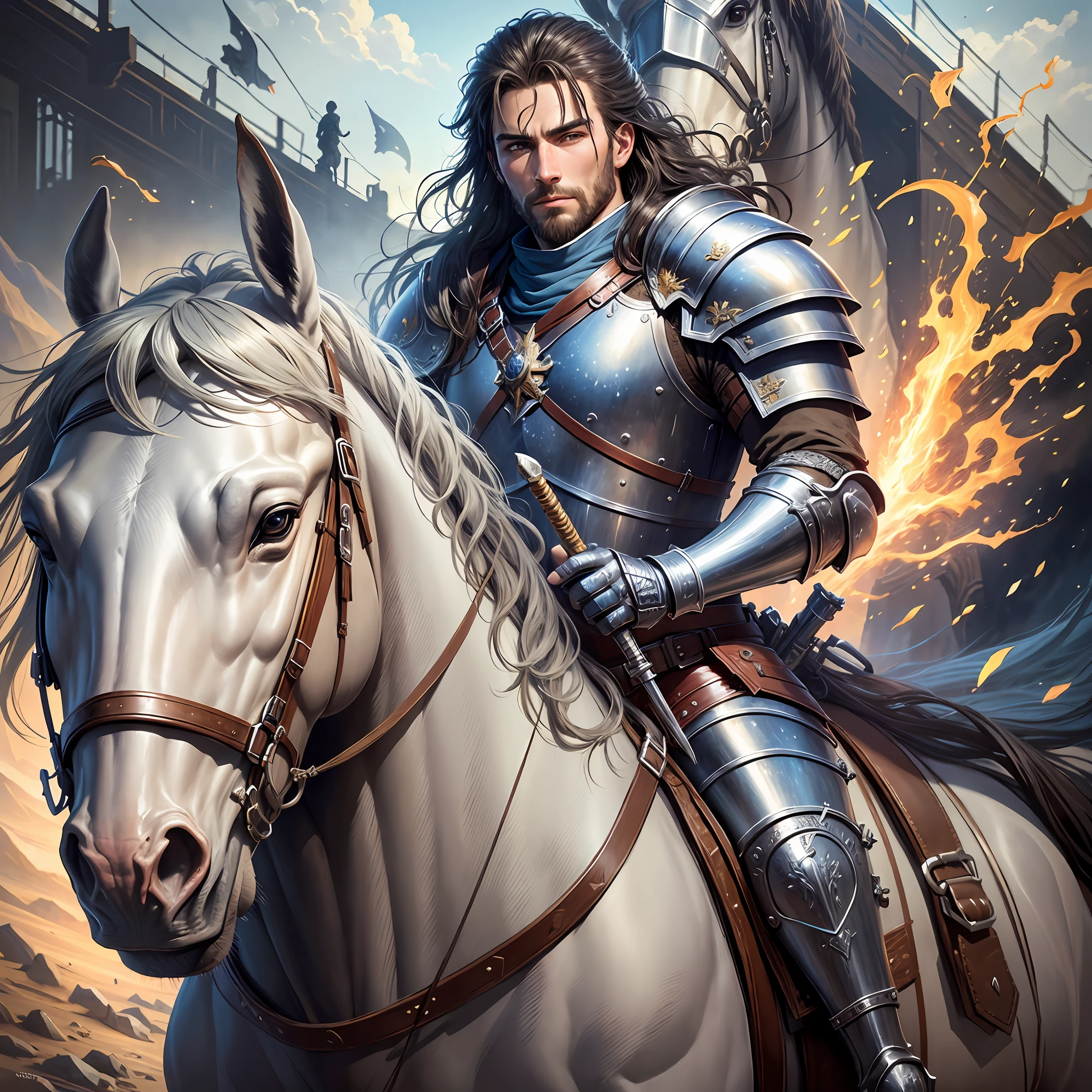 painting, realistic fantasy, clarity, detail 8kk, a heroic knight, handsome face, resolute expression, dressed in gorgeous armor, riding a war horse, gorgeous horse armor, holding a long gun in his hand, a battle flag hanging on the spear, an oil painting.