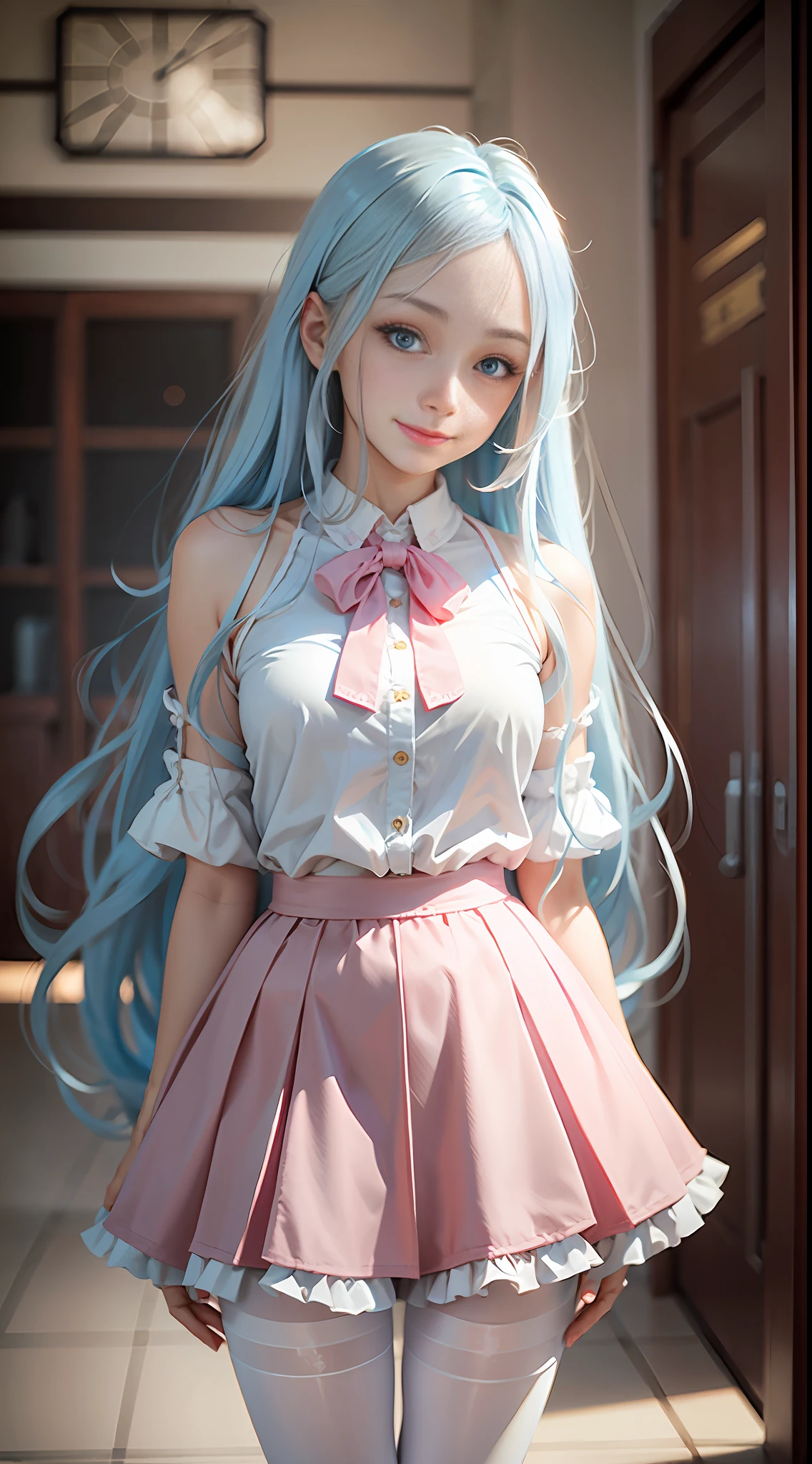 Realistic, 1 girl, light blue long hair, beautiful, normal fingers, no deformity in fingers, delicate facial features, standing, smiling, pink skirt, white pantyhose, hands behind your back,