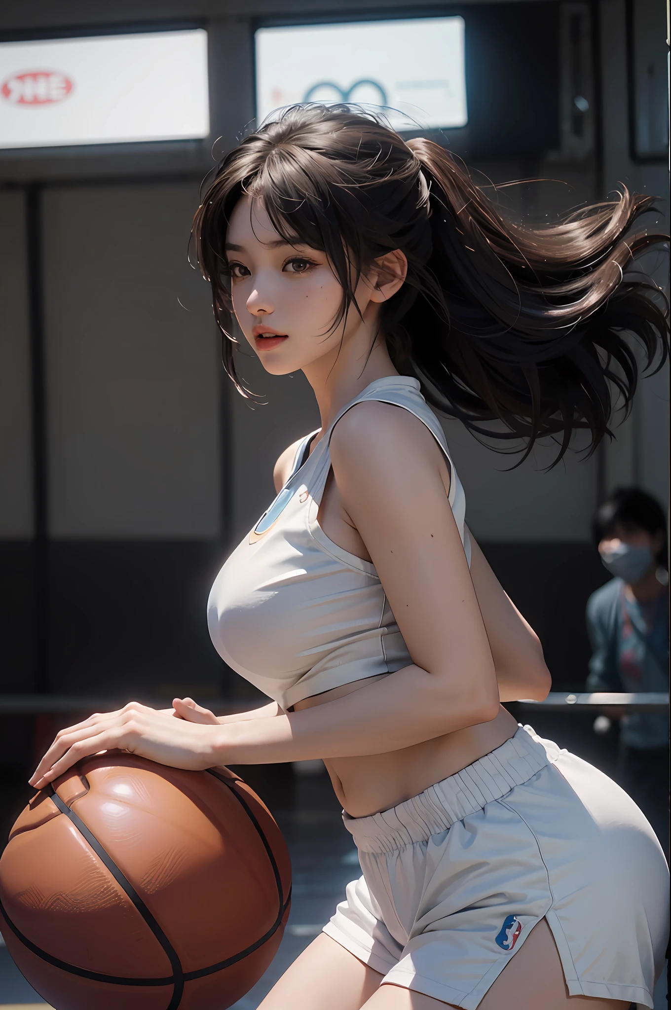 (RAW photo, 4k, masterpiece, high resolution, extremely complex) (realistic: 1.4), cinematic lighting Delicate girl with delicate facial features, oversized breasts
1 Girl, Single Focus, Summer Noon, Hot, 1990s\(Style\), White skin, Oversized breasts, Shorts, Sweat, (best quality), (Highres), (an extremely delicate and beautiful),,(Beautiful 8k face),(Brown eyes),(ulzzang-6500:1.0),(solo),( looking side),(spectators),(large breasts),(NBA),bent over,,lookside,(side), ,(Basketball sportswear),((Play basketball)),((gymnasium)),((speed)),(reality),