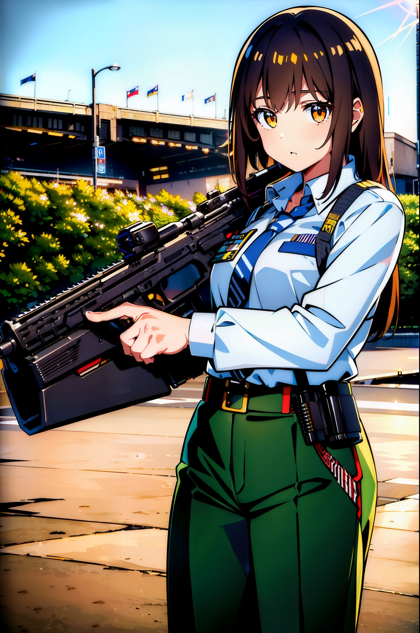 ((masterpiece)), ((best quality)), ((highres)), 1girl, solo, (police officer), (matching pants), (m16a2), city backdrop, holding rifle, trigger discipline,