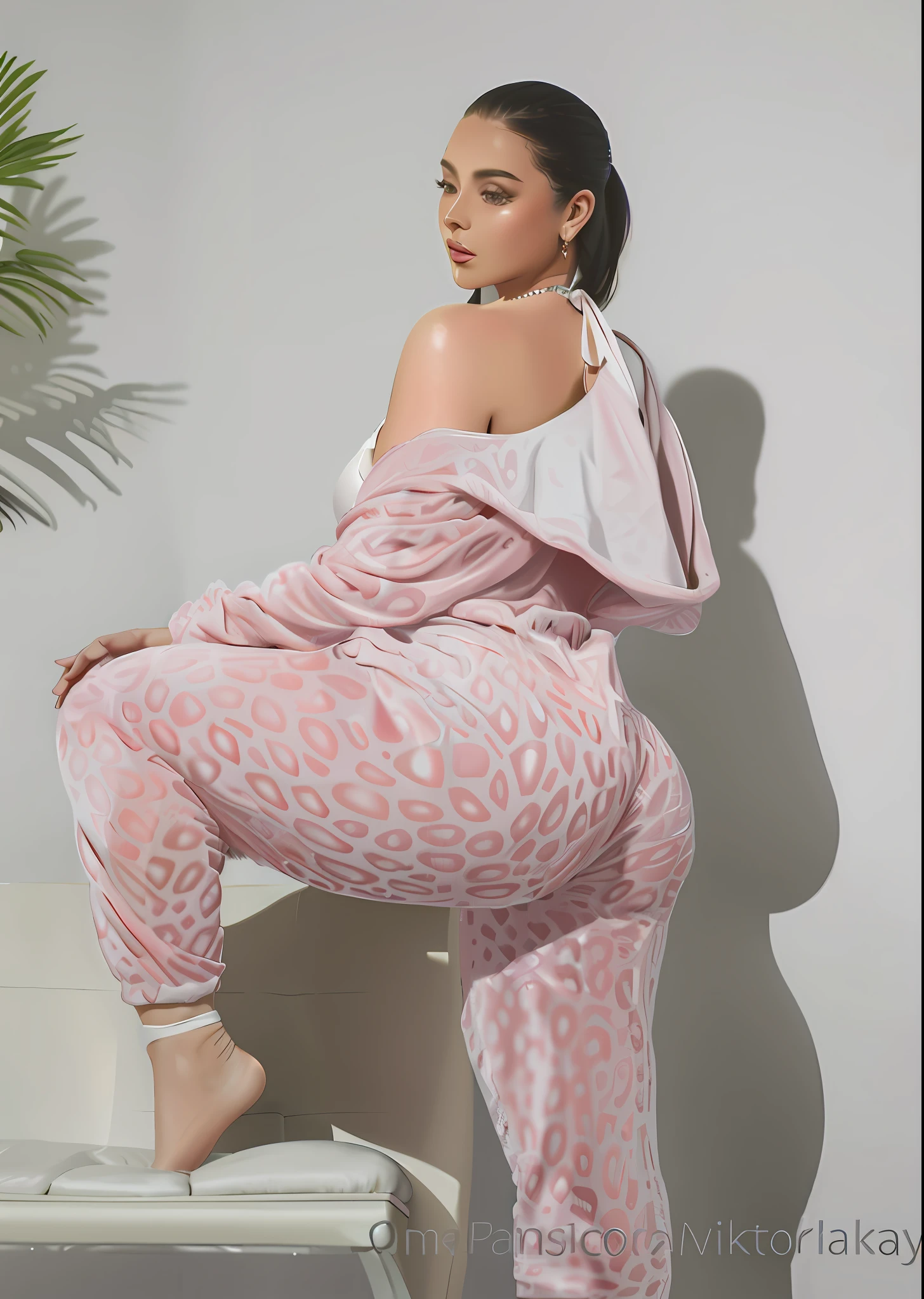 araffe woman in pink bikini posing on a white bench, thicc, comfy, pink, chill, full body shot close up, very comfy, curvy accentuated booty, some pink, soft vibes, full body close-up shot, cozy vibe, plus size, pink vibe, thick thigs, full body in view, pink clothes