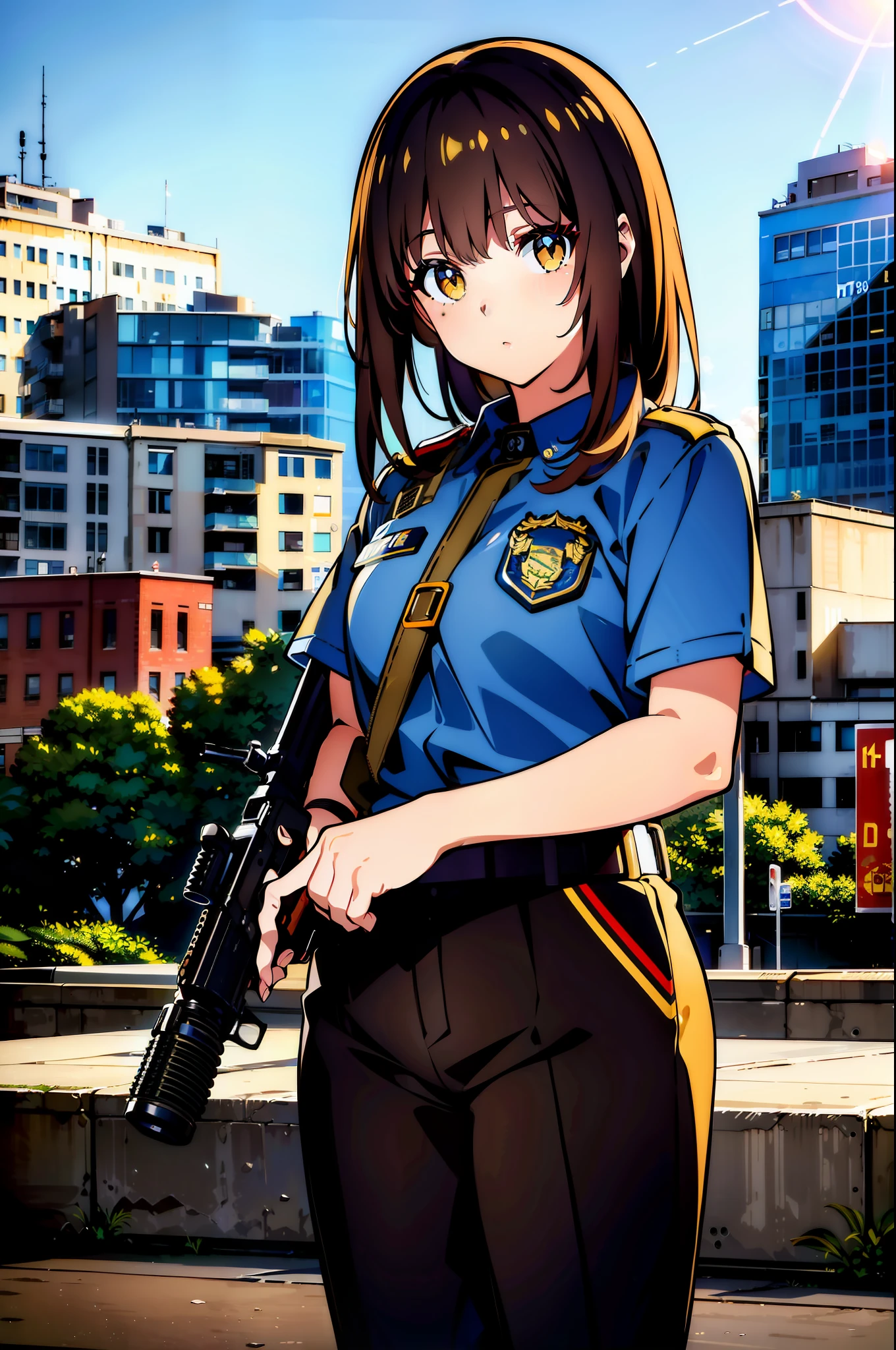 ((masterpiece)), ((best quality)), ((highres)), 1girl, solo, (police officer), (matching pants), (m16a2), city backdrop, holding rifle, trigger discipline,