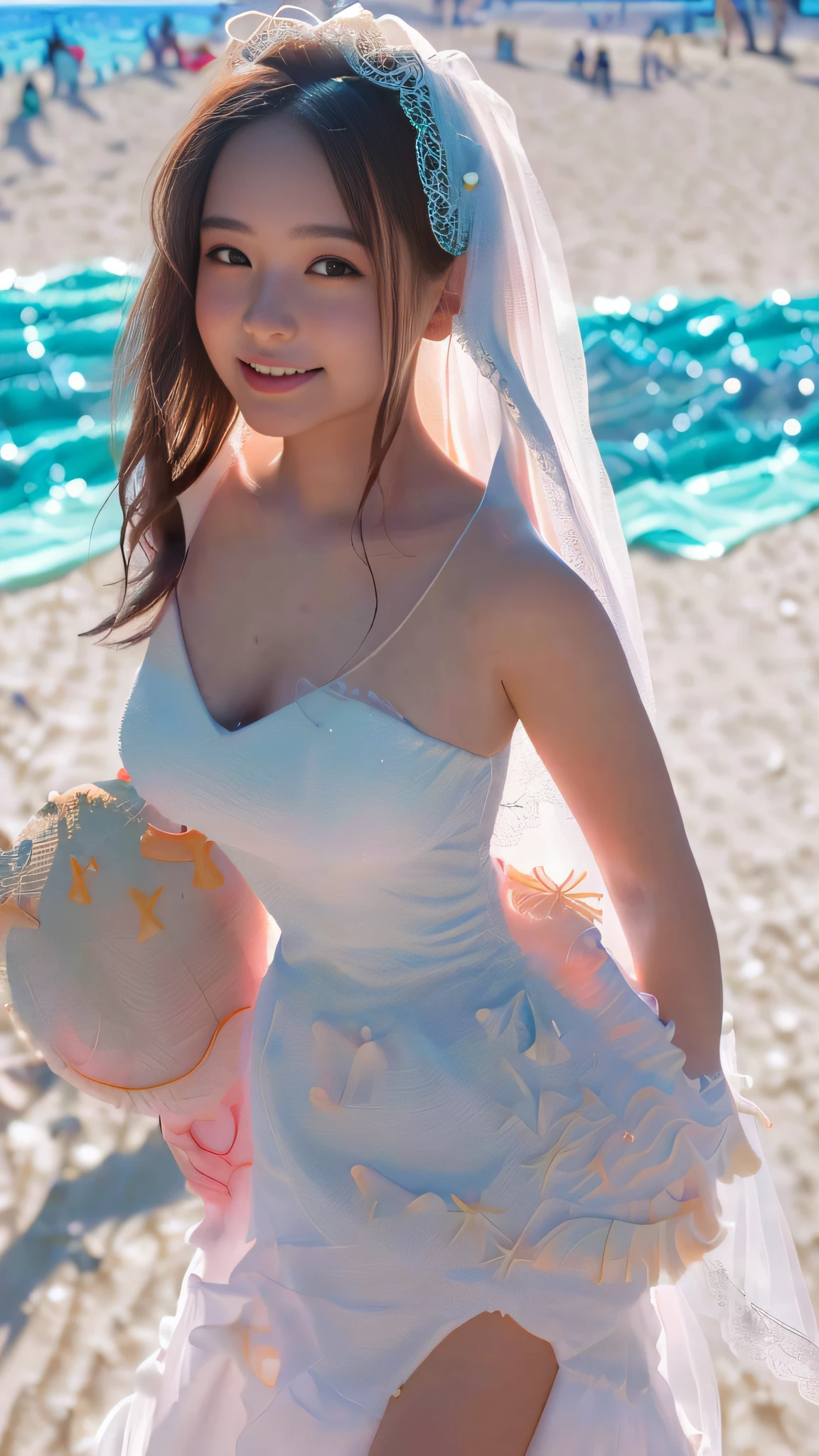 a 15-years-old girl at sea side, wearing white and pink transparent lace, eyeball, tears, smile, grin, longeyelashes, Verism, depth of field, ray tracing, reflection light, UHD, textured skin, super detail, high details, high quality, anatomically correct, long pink wedding dress, the wedding dress is carefuully deged with white place, on the top is a thin, pale pink wedding scarf, a crown on hear head, shoulder-length brown hair, very beautiful and even teeth, high nose, even white teeth, the bride's breasts are big, round and full, slim waist, moderately large butt, elongated legs, thin mesh black socks, most relistic, highest quality, best pixels, 8k ultra, (beach background:1.9), artwork, porrtraits, upper body, opposite view, close-up photography of the bride, close-up shooting, horizaonta; shotting, posing